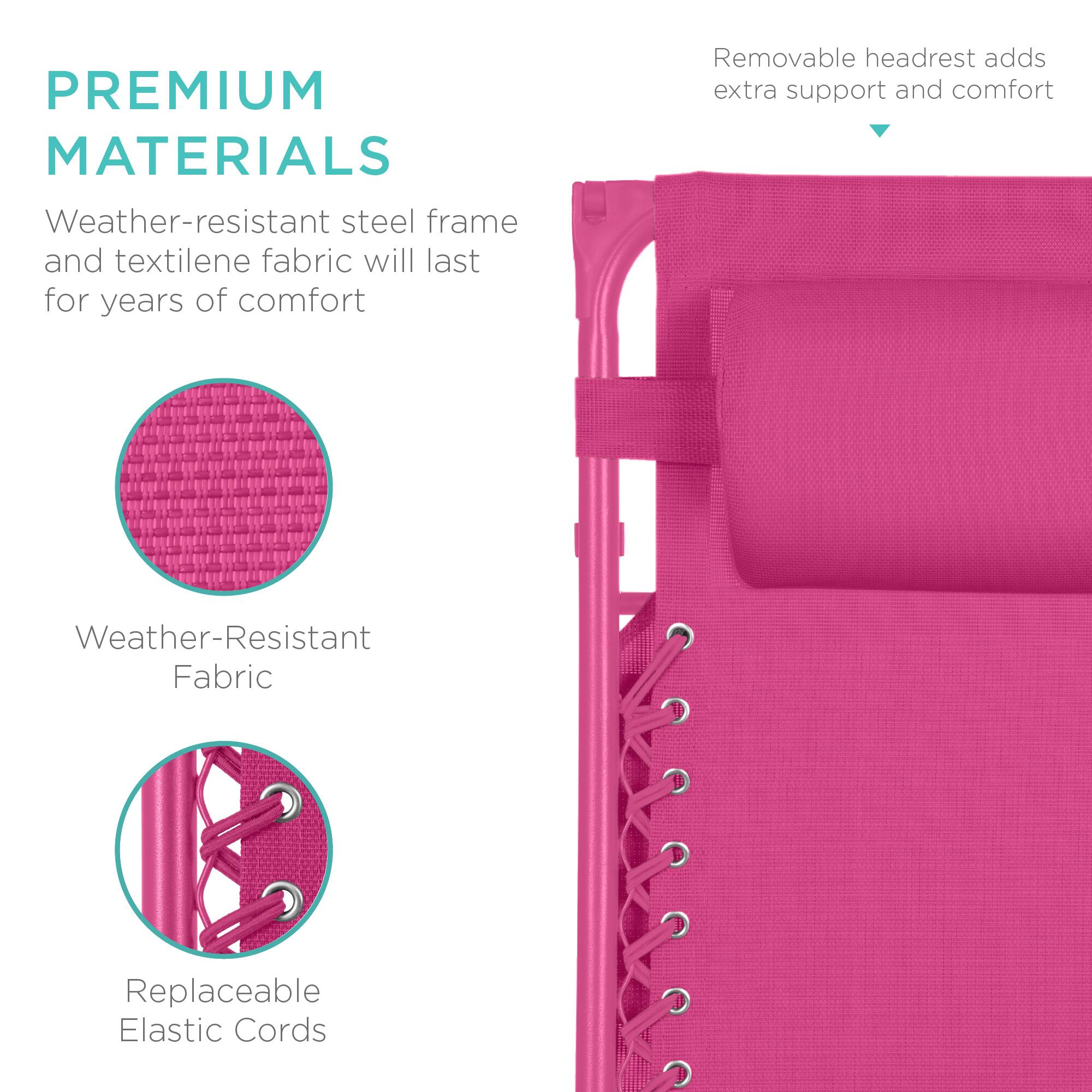 PREMIUM MATERIALS  
Weather-resistant steel frame and textilene fabric will last for years of comfort  
Removable headrest adds extra support and comfort  
Weather-Resistant Fabric  
Replaceable Elastic Cords