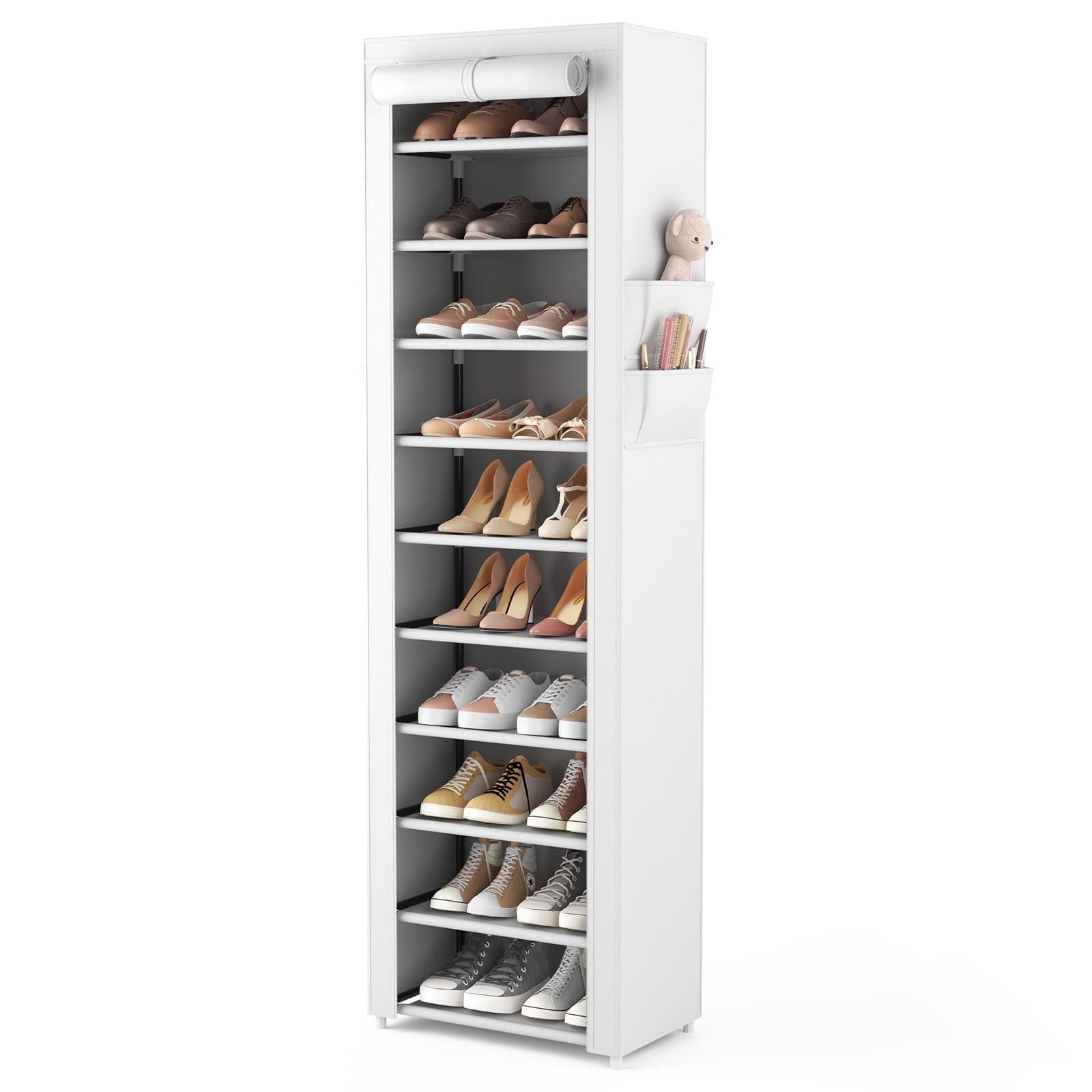 Front. ThinkLink Electronic - Vertical Narrow Shoe Rack Organizer Tall For Closet Entryway Non-woven Cover Shelf Holds 36- Free Standing - White 10 Tiers.