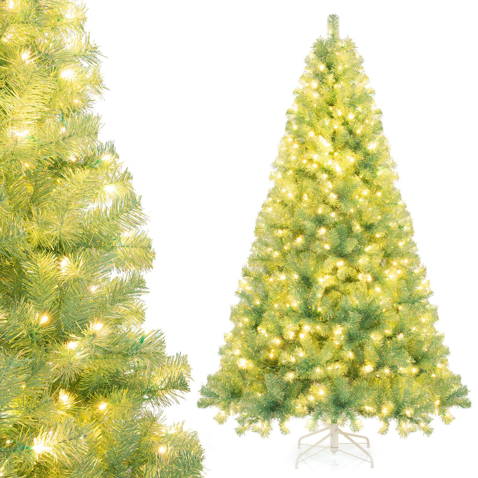 Costway - 7.5 FT Artificial Xmas Tree with 1300 Branch Tips, 550 Warm White LED Lights 8 Modes - Fruit Green