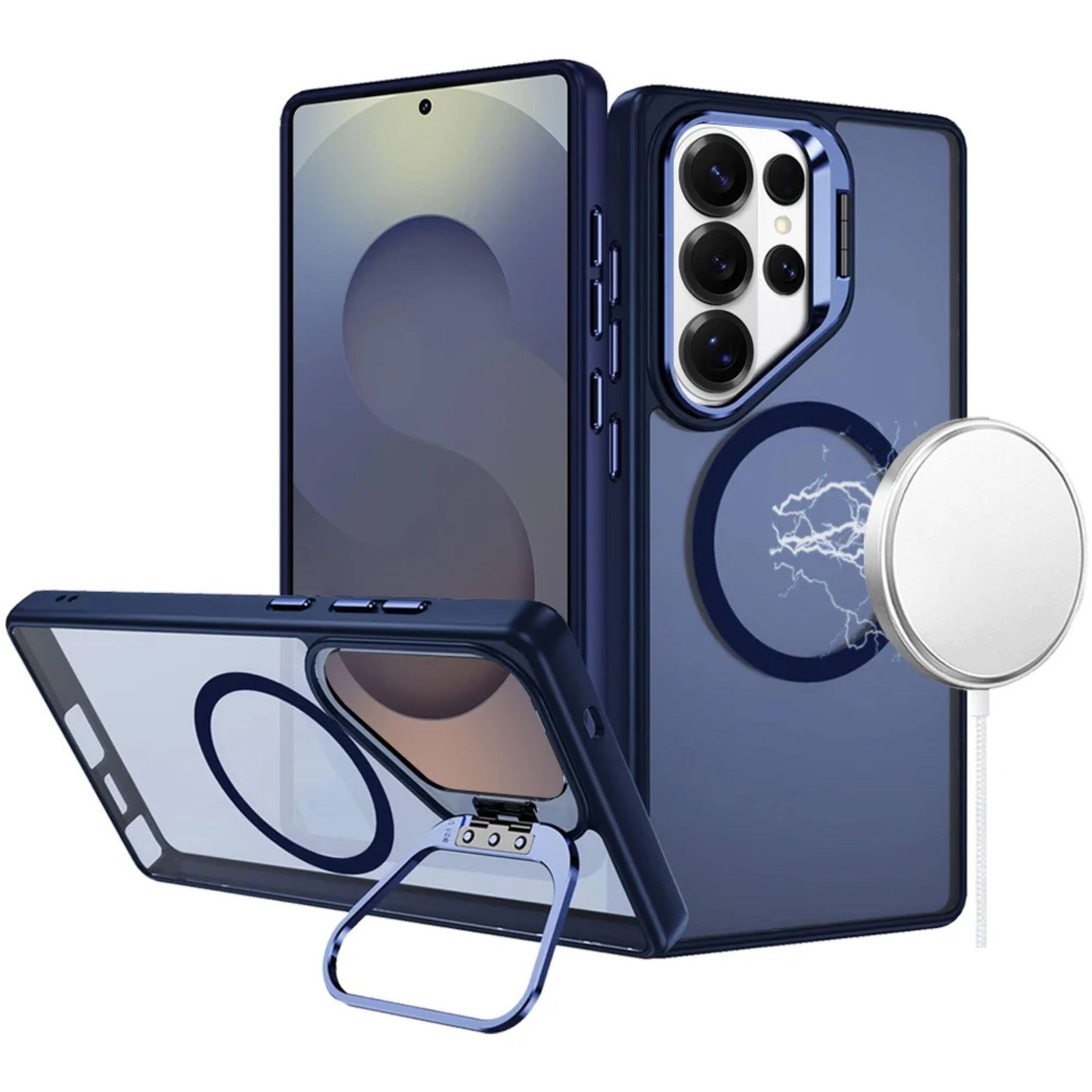 Front. Kitcheniva - Magnetic Circle Camera Lens Stand Protective Phone Case With Tempered Glass For Samsung S26 Ultra Navy Blue - Blue.