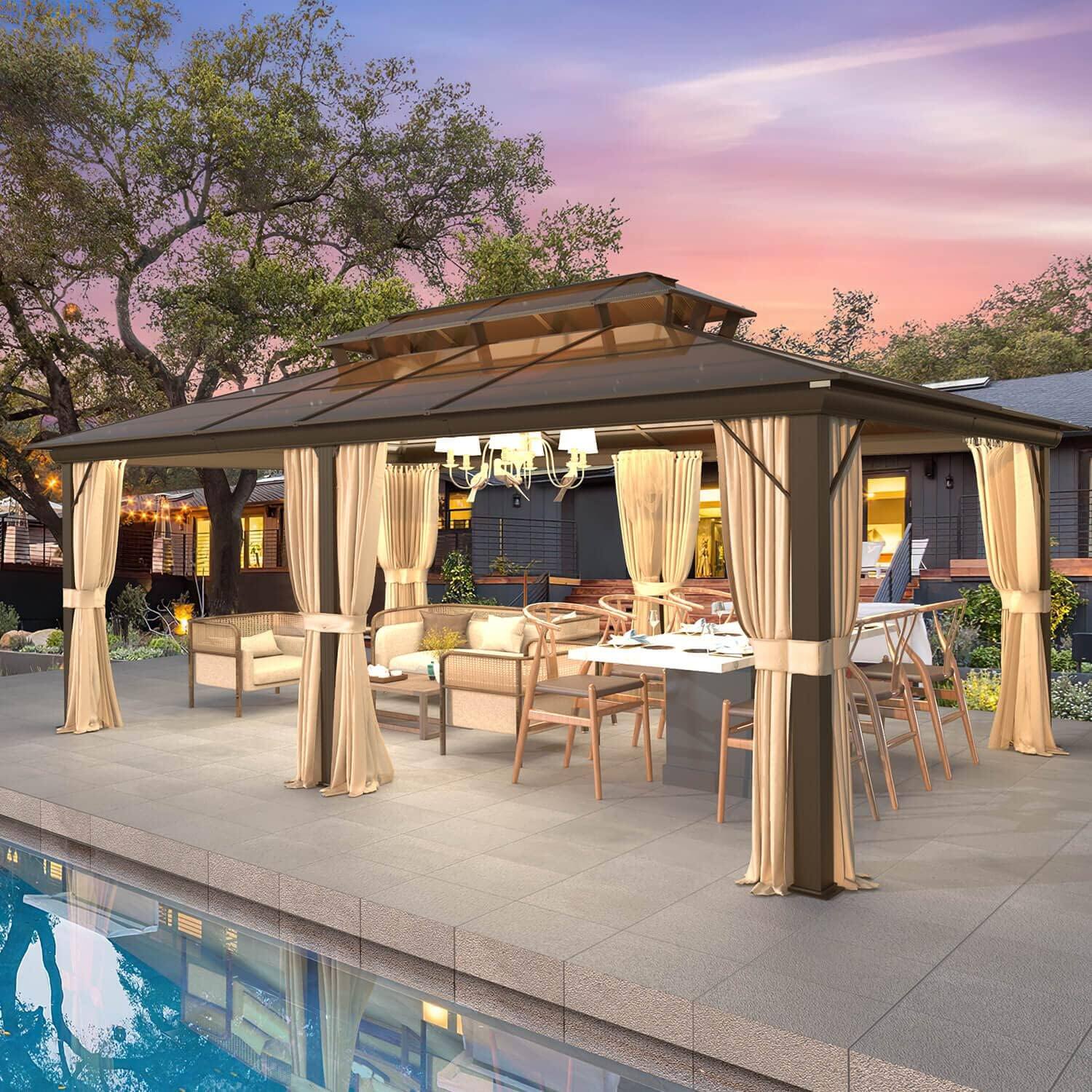 Angle. U-HOMY - U-HOMY Outdoor Hardtop Gazebo with Aluminum Frame, Double Roof Canopy, Curtains & Mosquito Netting - 12'x20'.