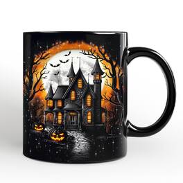 OrnamentallyYou - Haunted House Night Halloween Mug, Spooky Horror Gift - Black