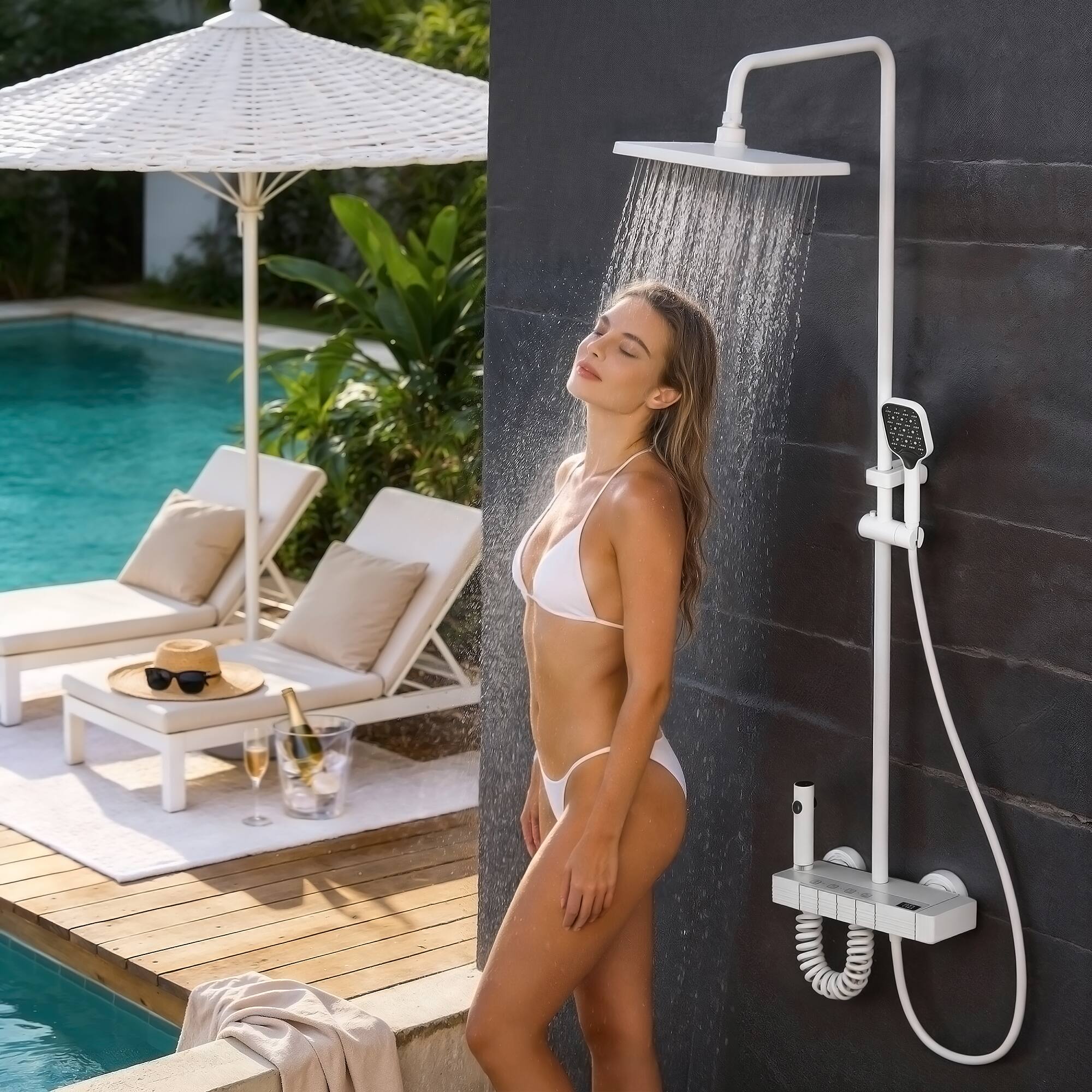 Alt View 8. Famapy - Thermostatic Shower System with LED Temperature Display 4-Mode Rainfall Shower Combo with Handheld,Waterfall&Spray Gun - White.