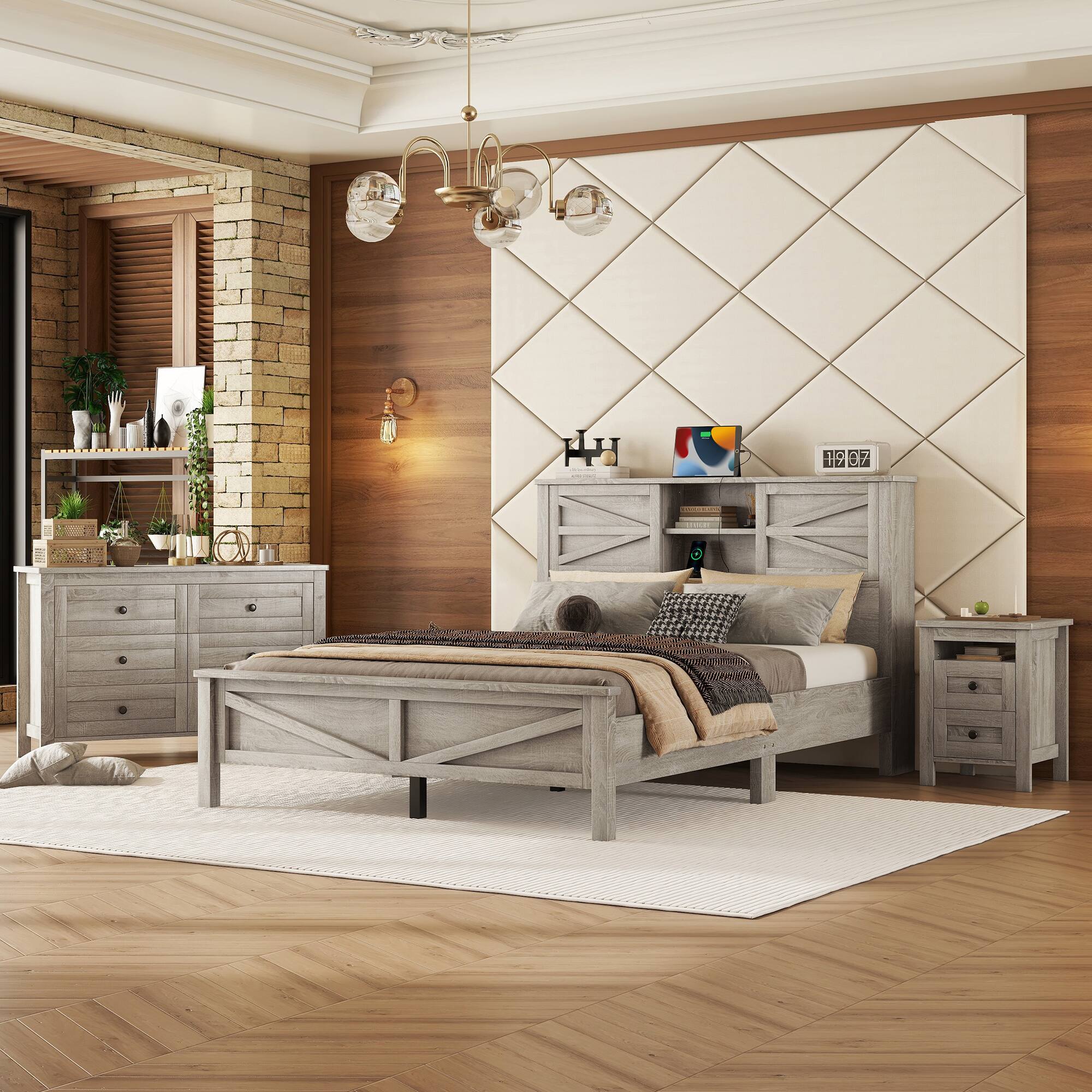 Front. TinyHomie - 3-Pieces Bedroom Sets Queen Size Farmhouse Platform Bed with Double Sliding Door Storage Headboard and Charging Station - Antique Gray.