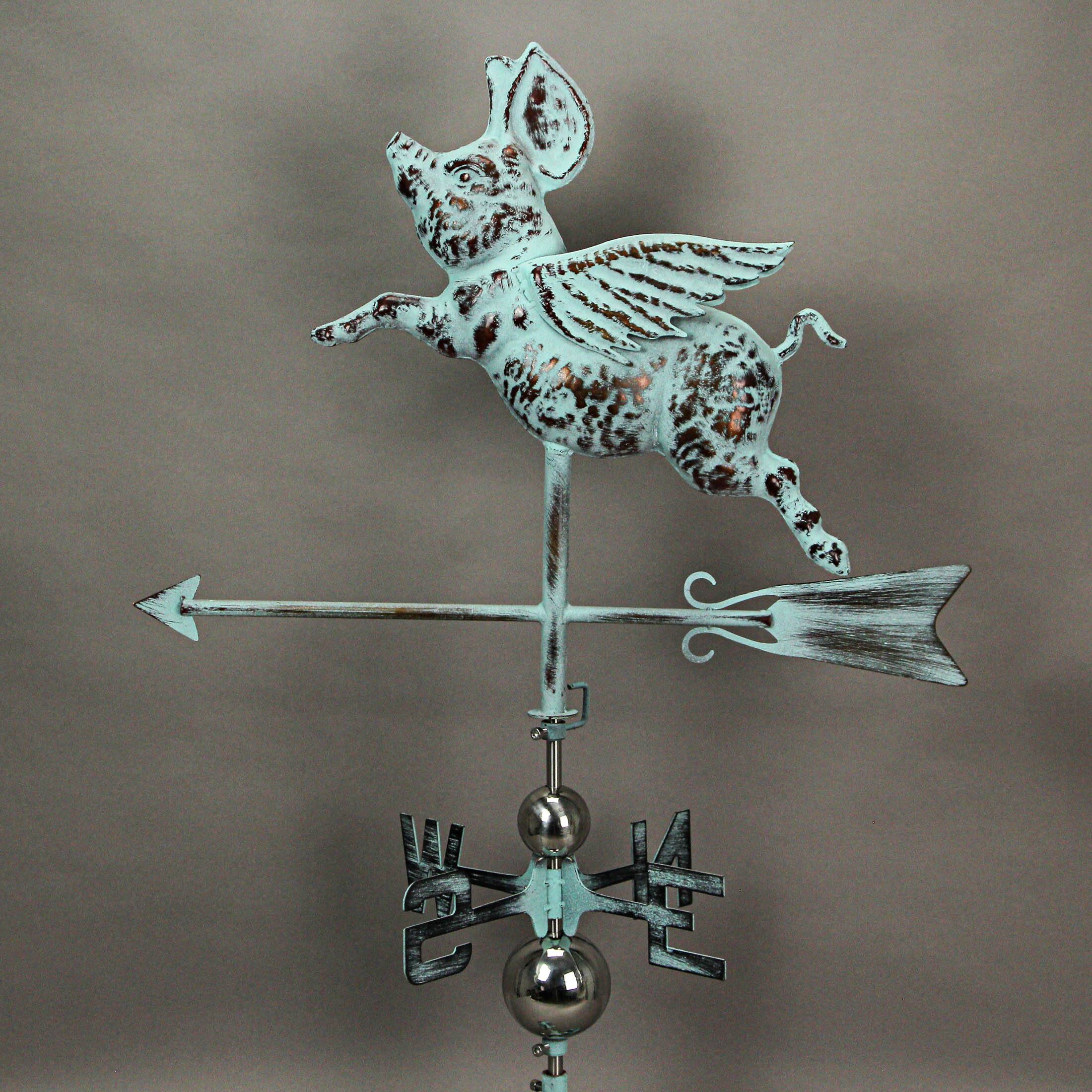 Alt View 6. Things2Die4 - Verdigris Copper Flying Pig Weathervane Roof Mount Home Garden Decor Art Sculpture - Teal.
