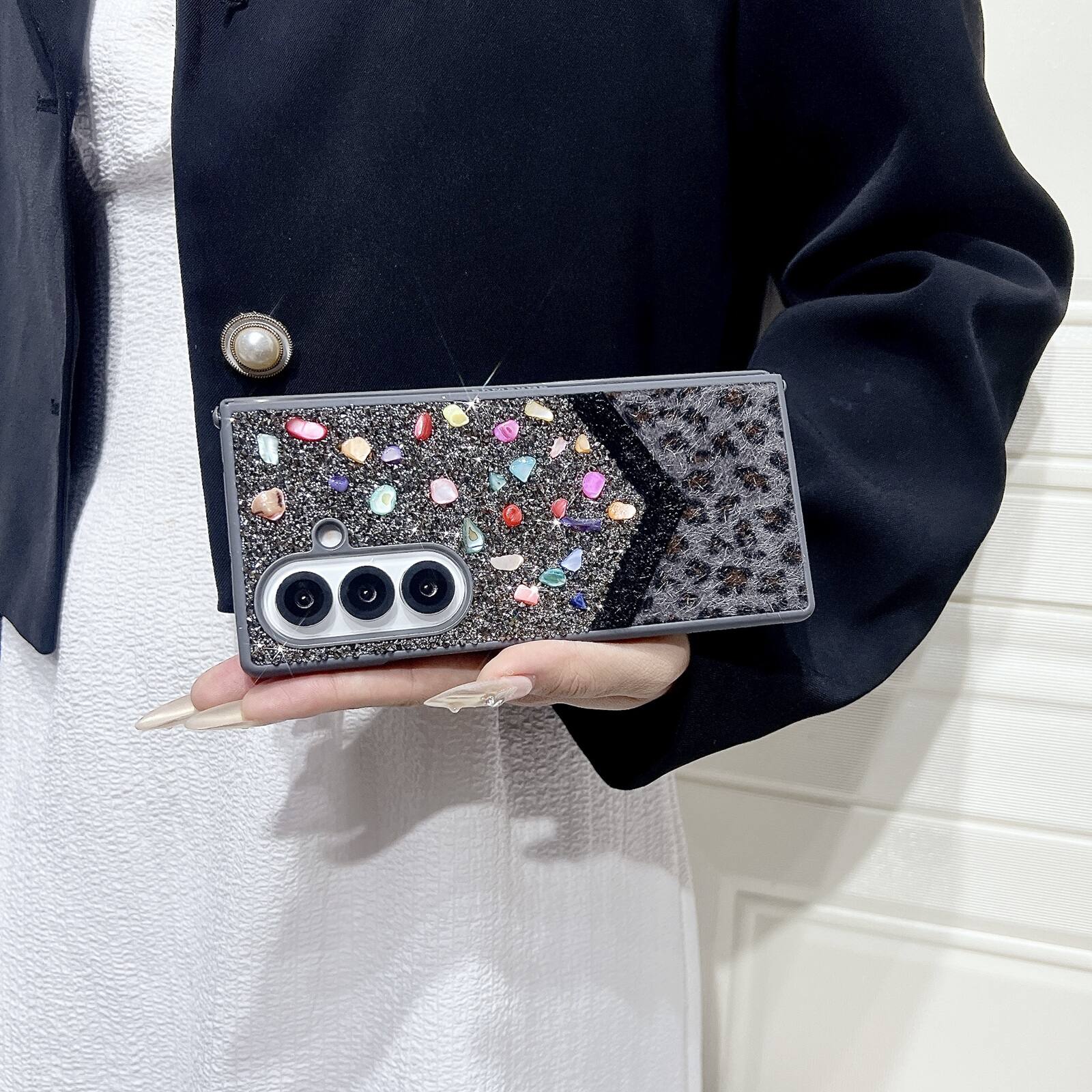 Alt View 3. Dteck - Shockproof Phone Case for Samsung Galaxy Z Fold7 with Beaded Wrist Strap, Glitter Rhinestone Hard PC Protective Cover - Black.