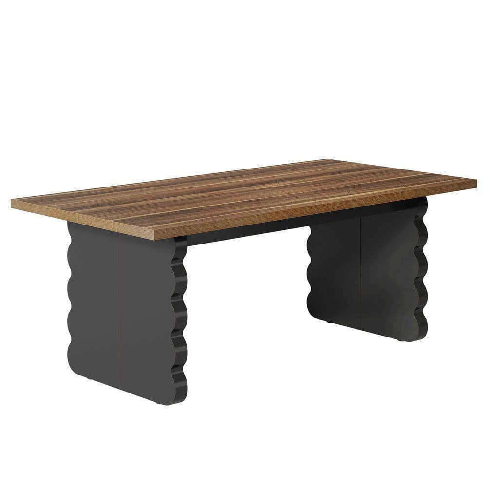 Left. Kadyn - 63-Inch Modern Dining Table for 6 with Black Wave-Shaped Metal Legs - Brown.