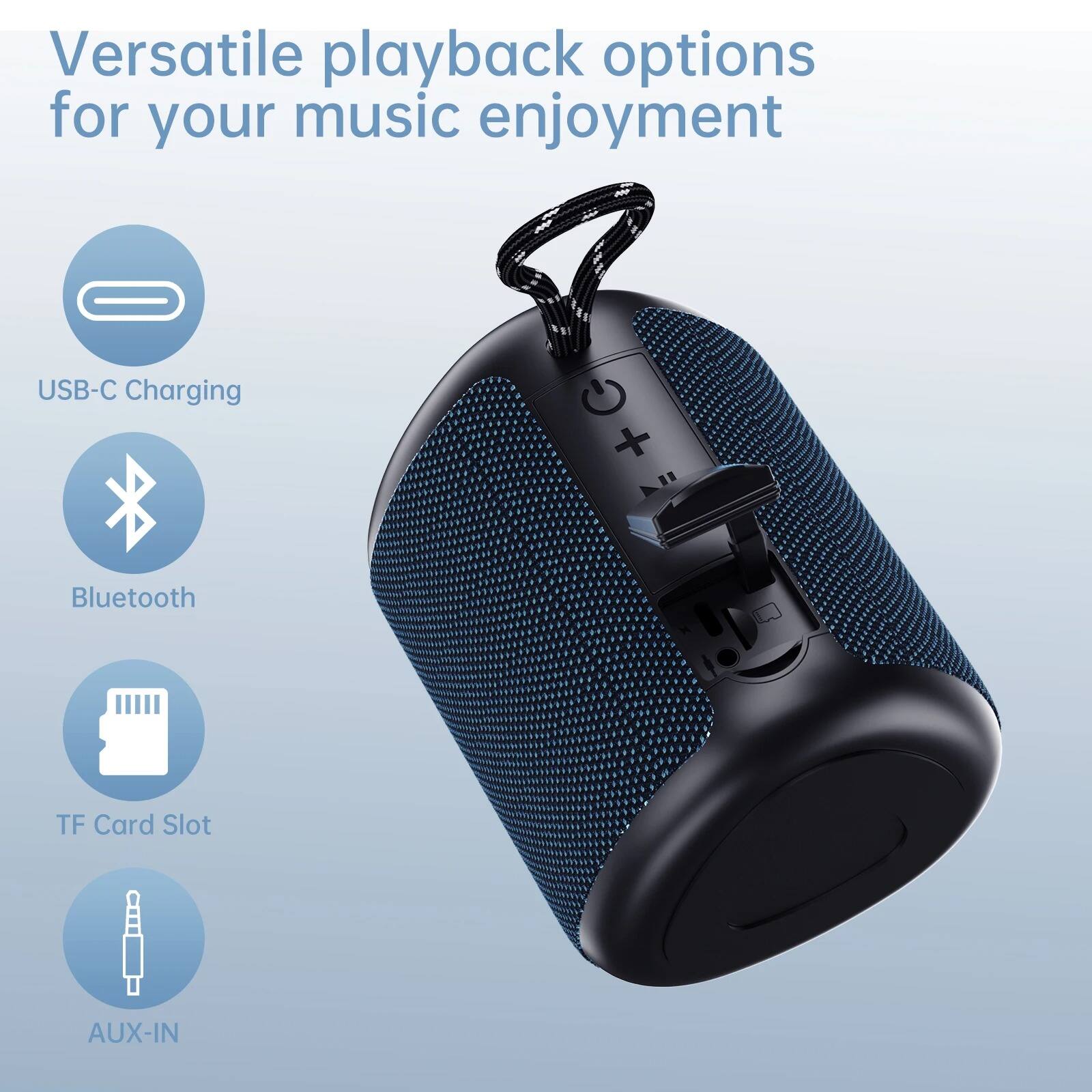 Versatile playback options for your music enjoyment

- USB-C Charging
- Bluetooth
- TF Card Slot
- AUX-IN