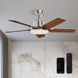 Siljoy - 44 Inch Ceiling Fan Dimmable LED Light Remote Control 5 Reversible Wood Blades Bedroom Living Room Kitchen - Nickel