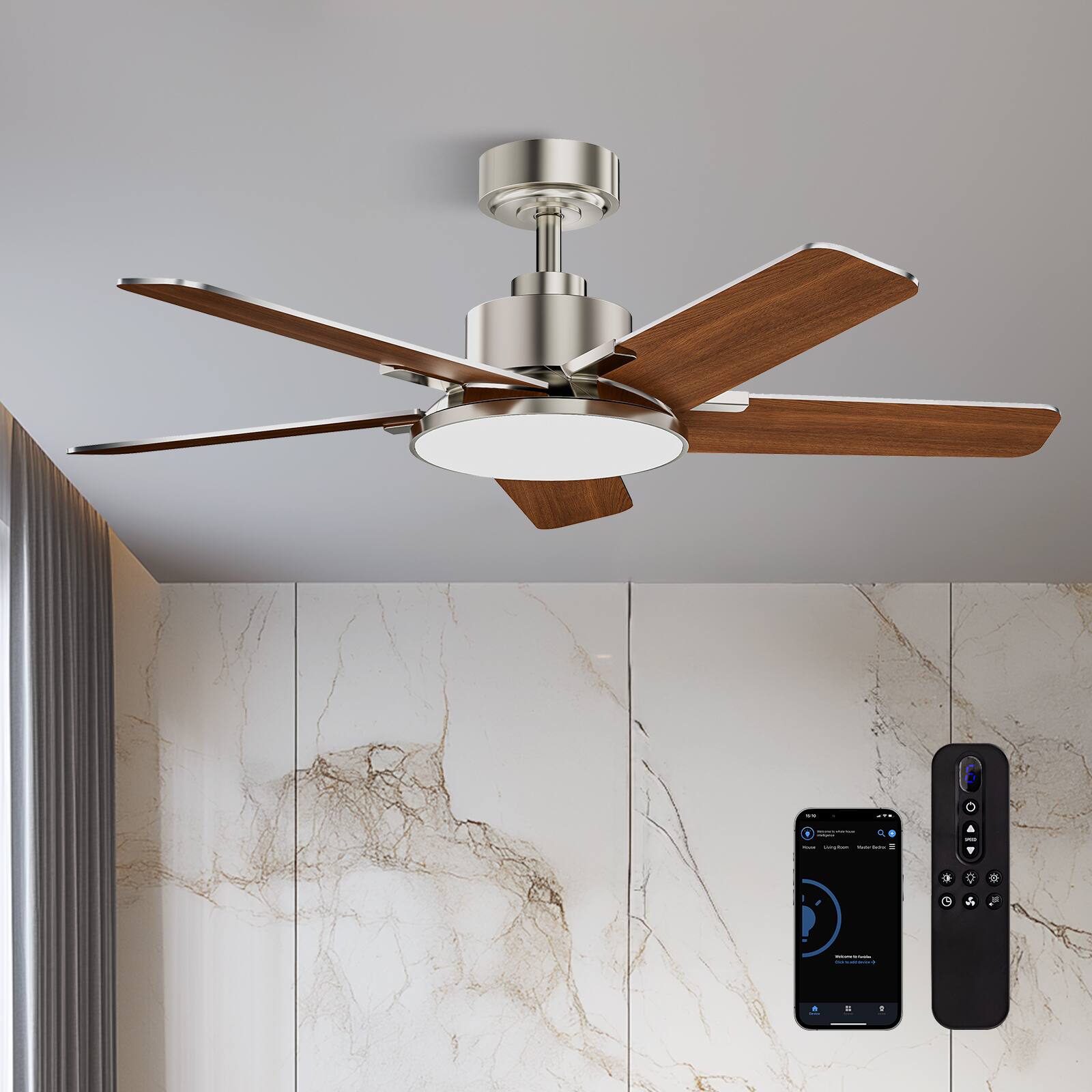 Front. Siljoy - 44 Inch Nickel Ceiling Fan Dimmable LED Light Remote Control 5 Reversible Wood Blades Bedroom Living Room Kitchen - Nickel.