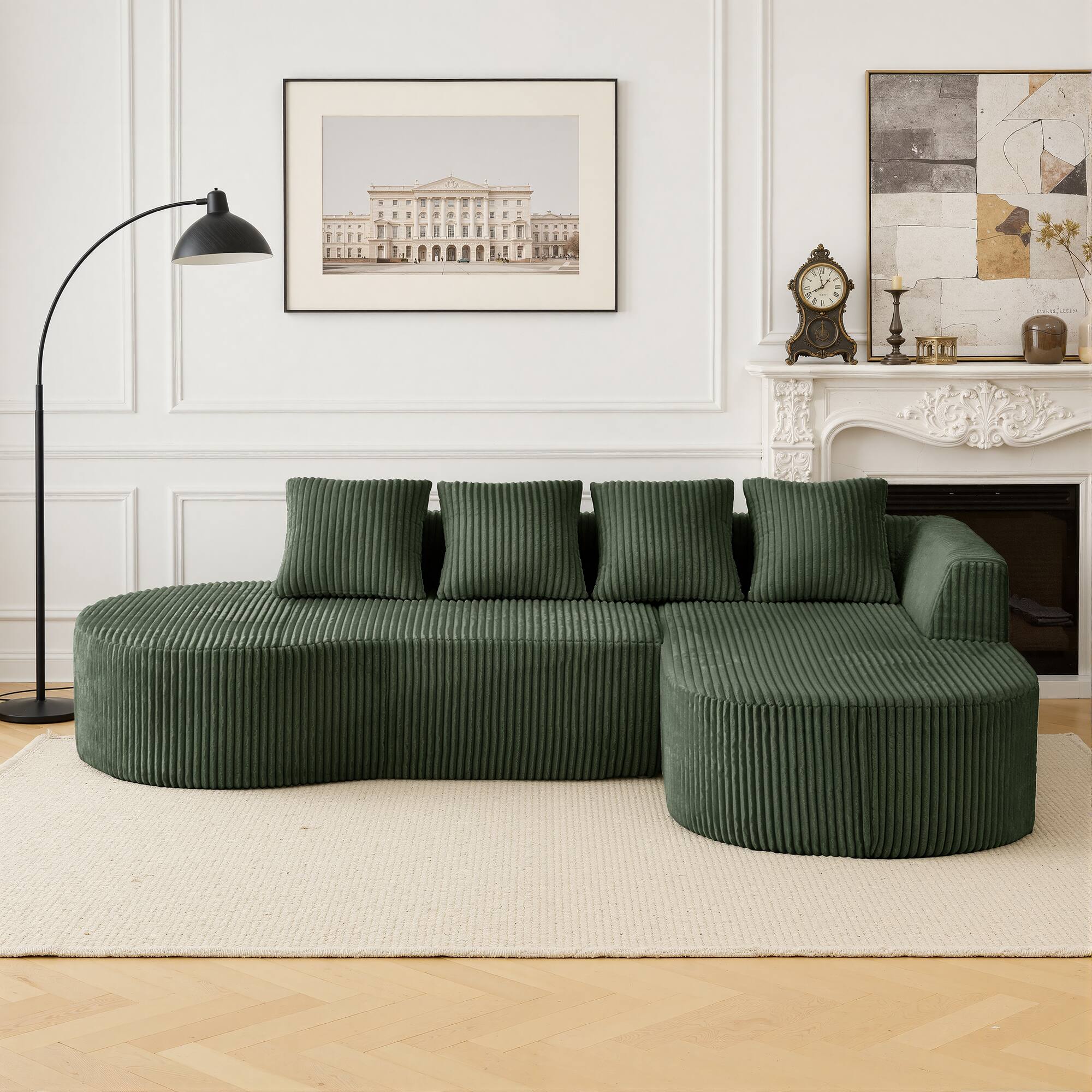 Alt View 2. Meqiodas - Curved Sectional Sofa with Chaise, Modern Luxury Corduroy Cloud Modular Couch with Deep Seat, No Assembly Required - Green.