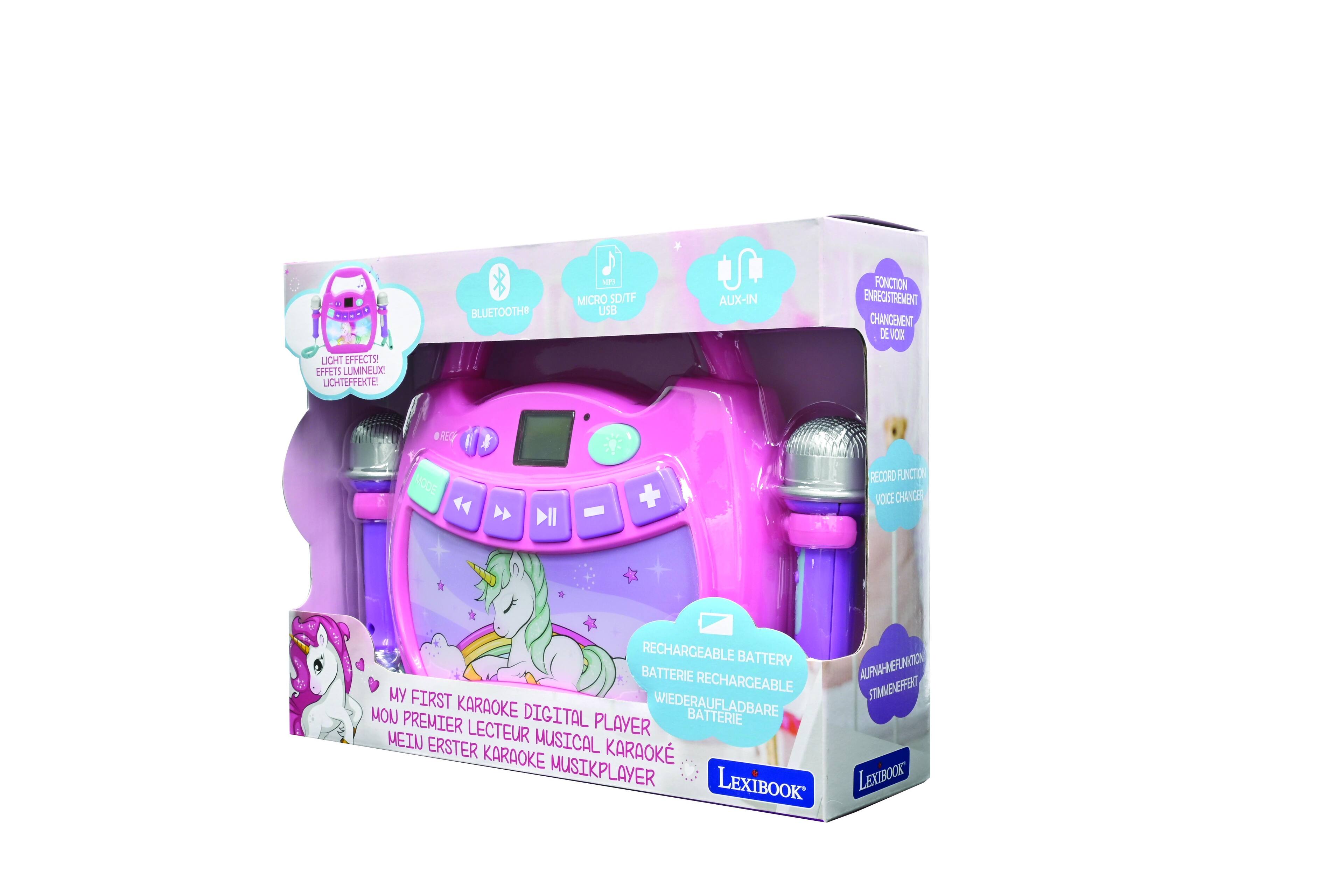 BLUETOOTH MP3 MICRO SD/TF USB AUX-IN FONCTION ENREGISTREMENT LIGHT EFFECTS! EFFECTS LUMINEUX! LICHTEFFEKTE! REG MODE + RECORD FUNCTION VOICE RECHARGEABLE BATTERY BATTERIE RECHARGEABLE ALFNAHMEFUNKTION MY FIRST KARAOKE DIGITAL PLAYER MEIN ERSTER MUSIKPLAYER LEXIBOOK