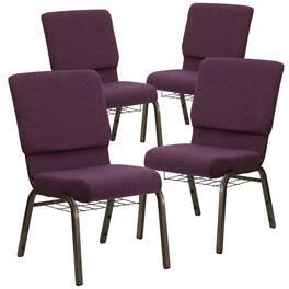Emma + Oliver - 4 Pack 18.5''W Church Chair with Book Rack - Plum Fabric/Gold Vein Frame