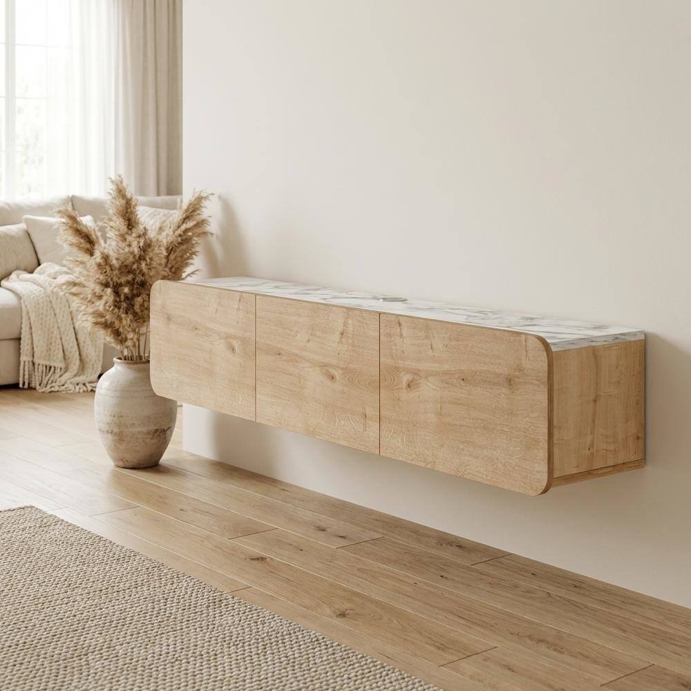 Alt View 2. FurniFact - Wall Mounted Oval TV Stand in Walnut with Wooden Finish and Modern Design - Beige.