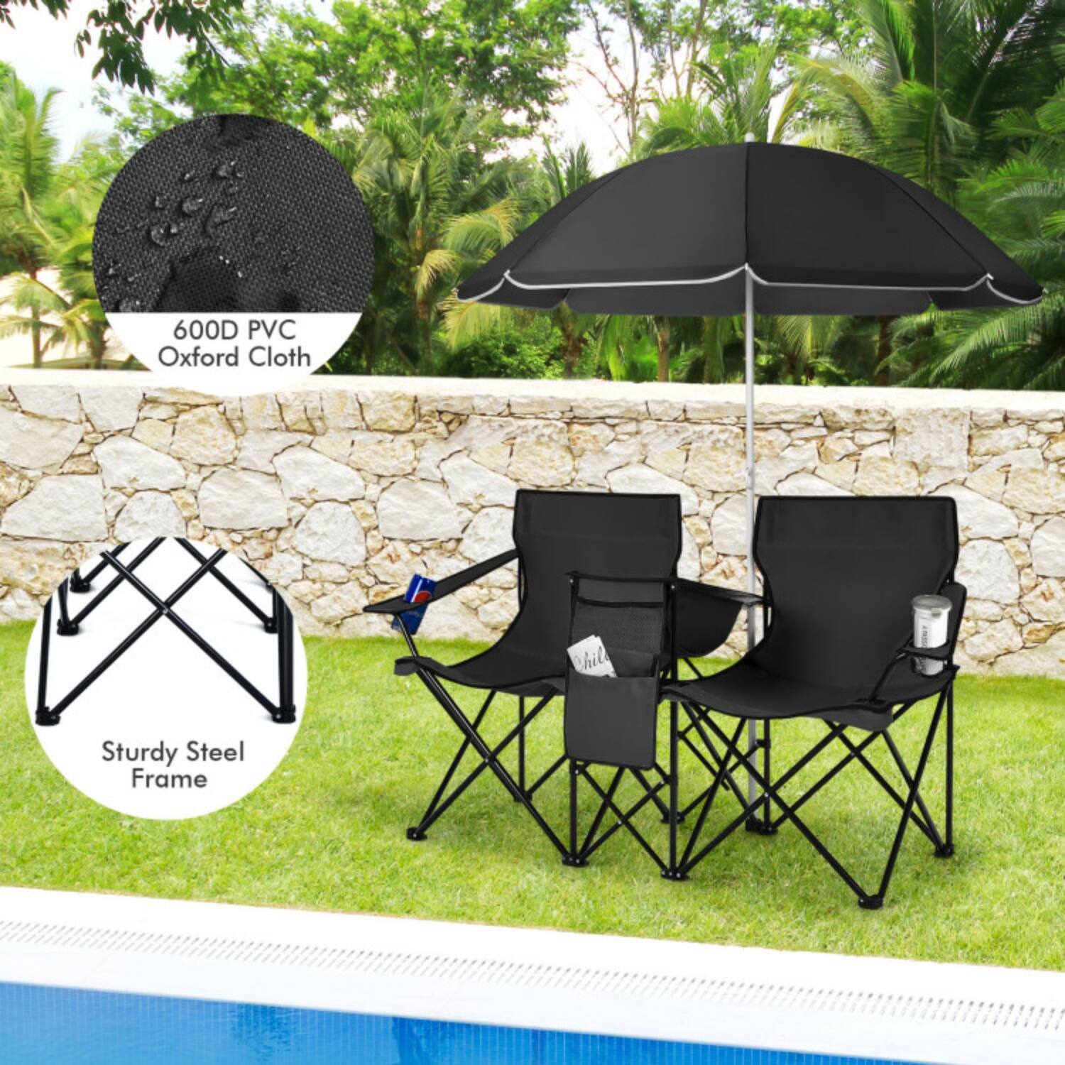 600D PVC Oxford Cloth  
Sturdy Steel Frame