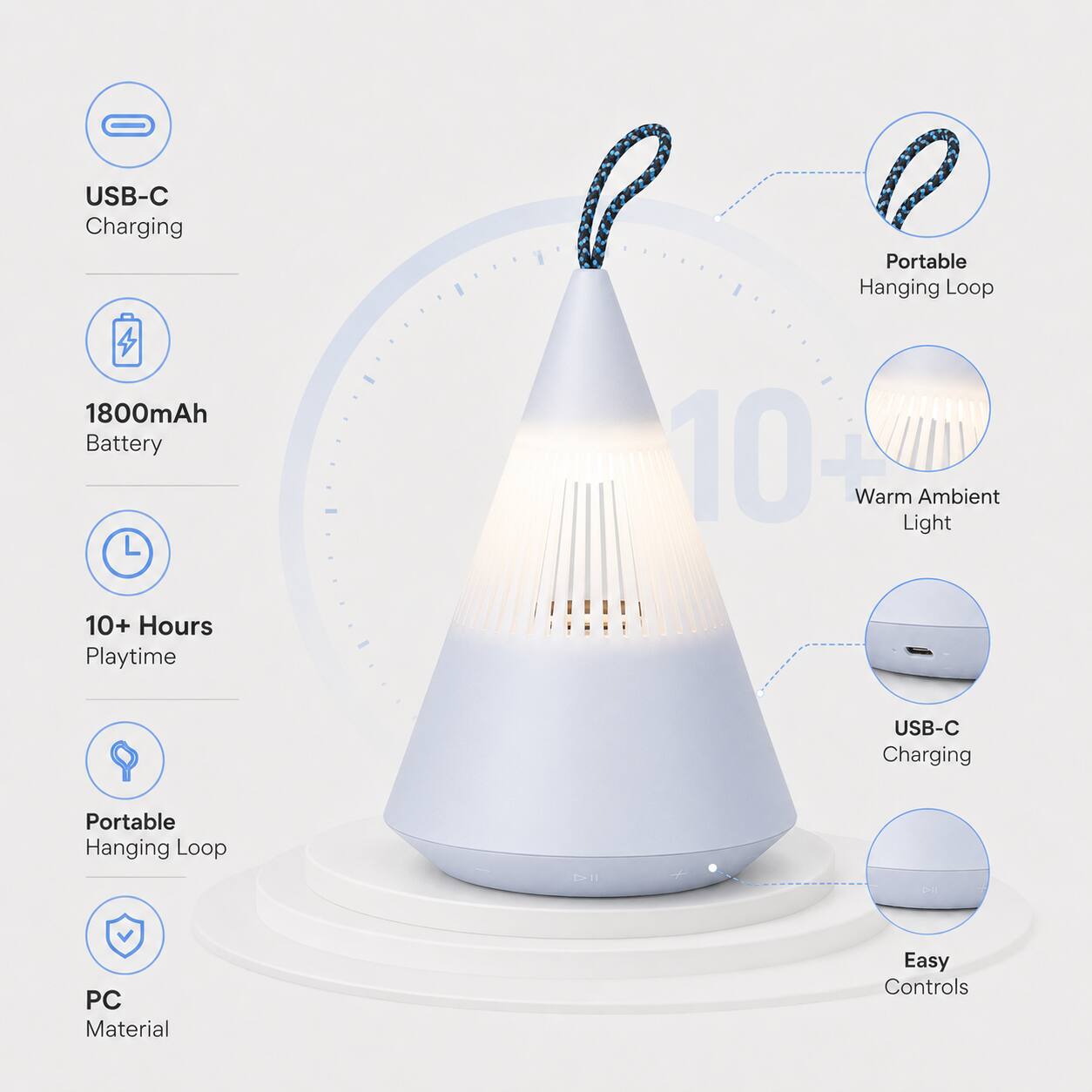 USB-C Charging Portable Hanging Loop 1800mAh Battery 10+ Hours Playtime USB-C Charging Portable Hanging Loop PC Material Easy Controls