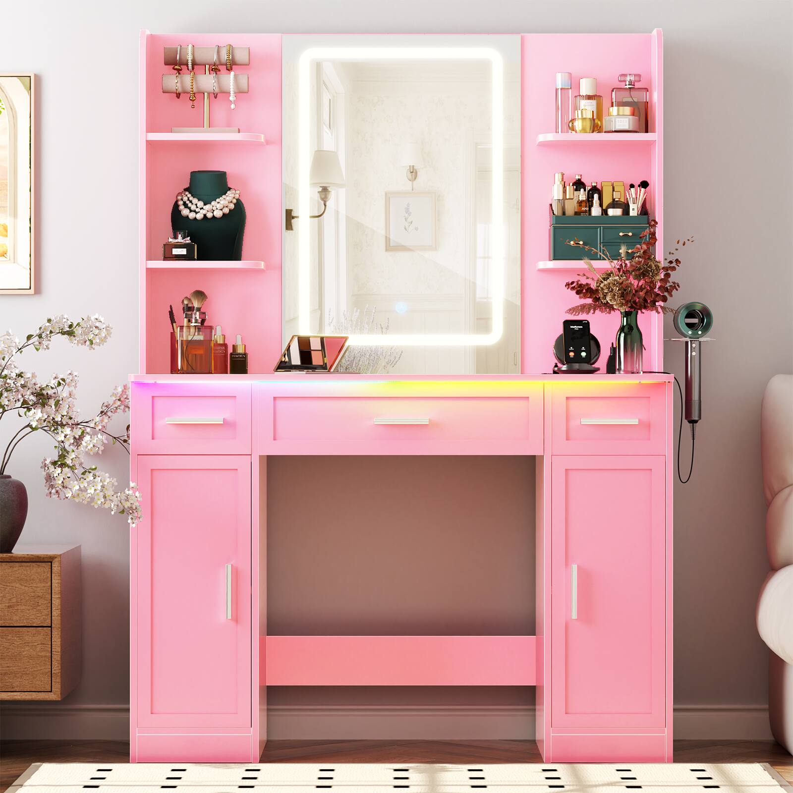 Alt View 4. Aheaplus - Large Wooden Makeup Vanity Desk with Mirror and Lights, Dressing Table with Drawers and Cabinets - Pink.