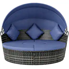 Outsunny - Cushioned Outdoor Rattan Wicker Sunbed or Conversational Sofa Set with Sun Canopy - Dark Blue