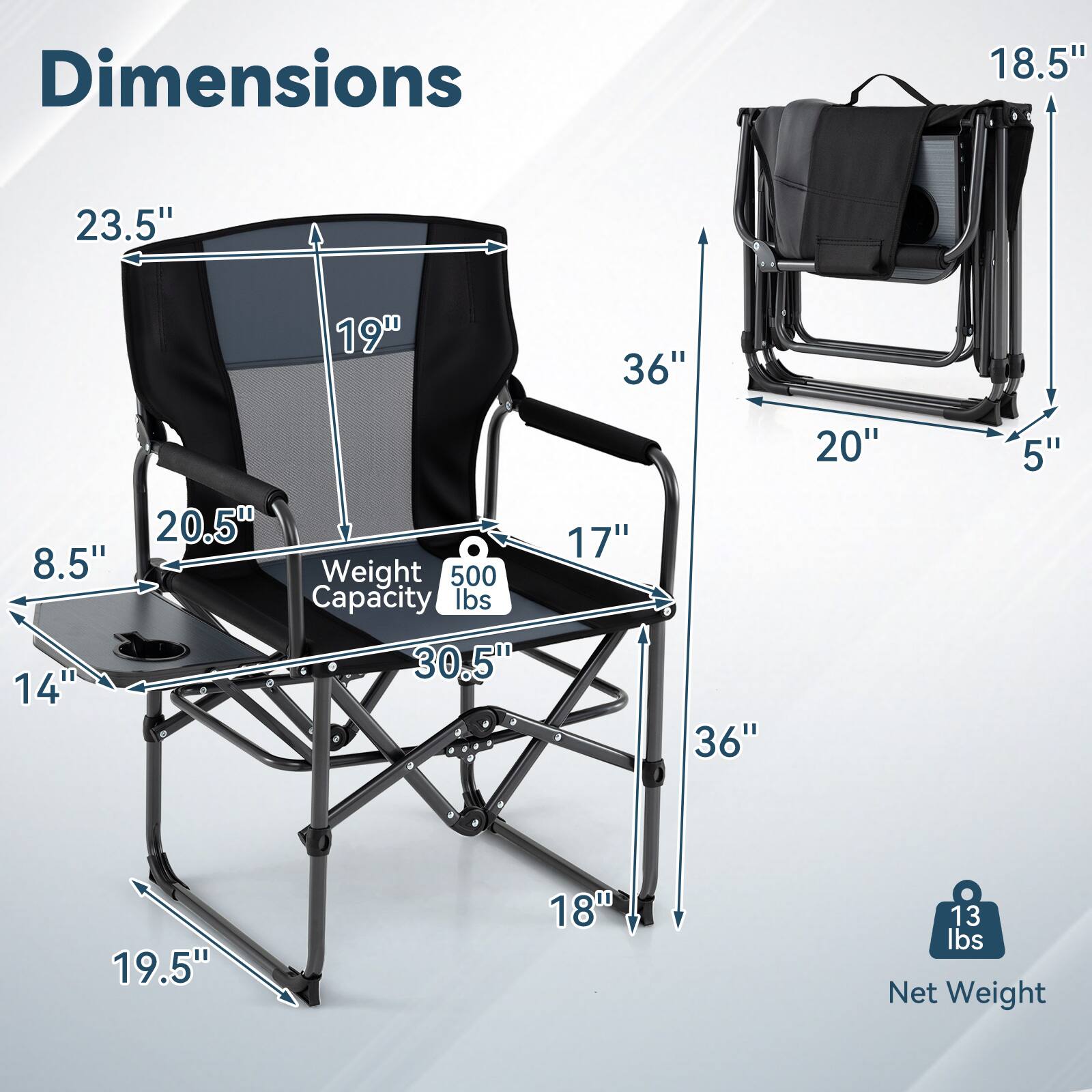 Dimensions
- 18.5"
- 23.5"
- 19"
- 36"
- 20.5"
- 8.5"
- 14"
- 17"
- 20"
- 5"
- 19.5"
- 18"
- 30.5"
- 19.5"

Weight Capacity: 500 lbs

Net Weight: 13 lbs