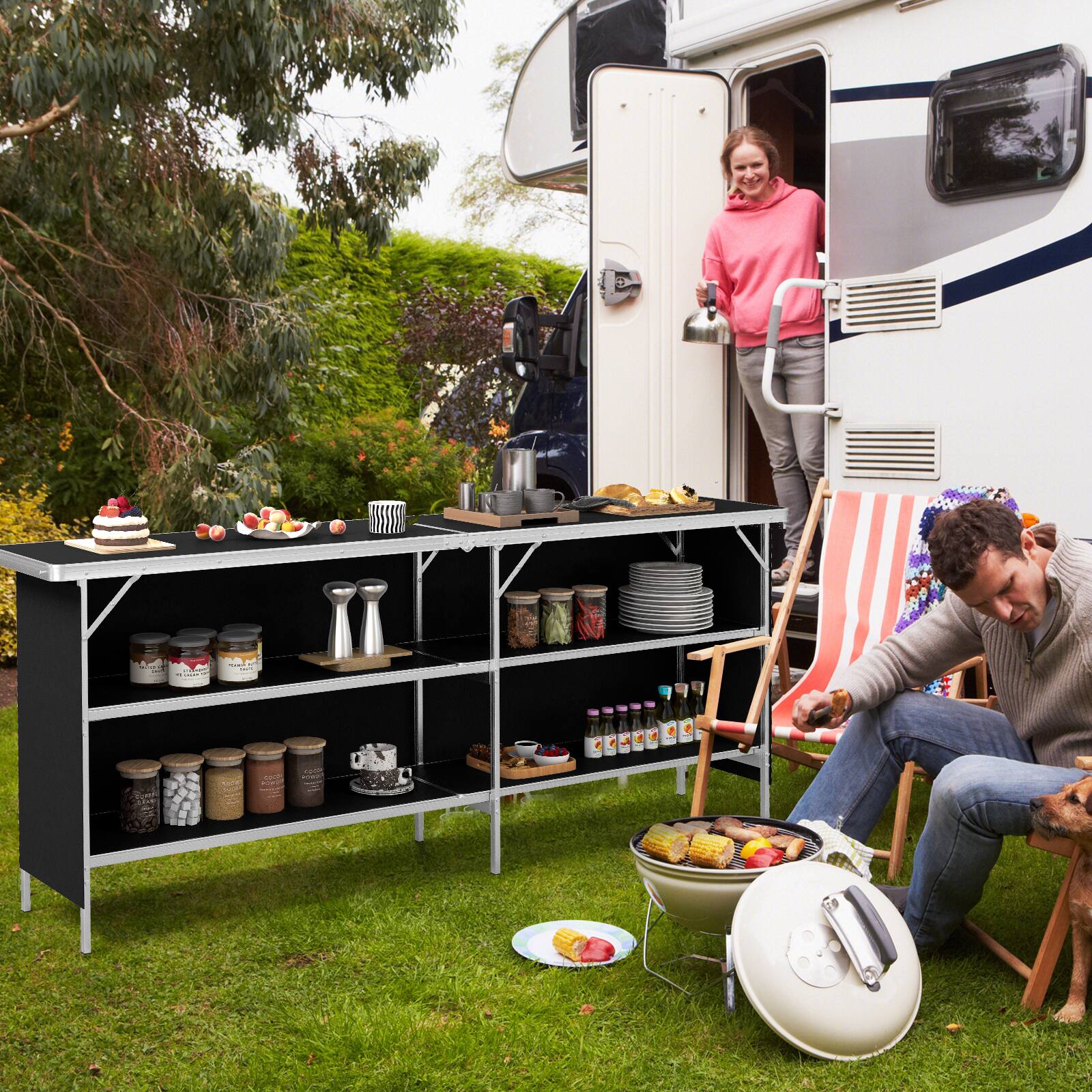 Alt View 3. Gymax - Gymax Portable Bar Table Folding Camping Table w/ Aluminum Alloy Frame 2-Tier Shelves - Black.