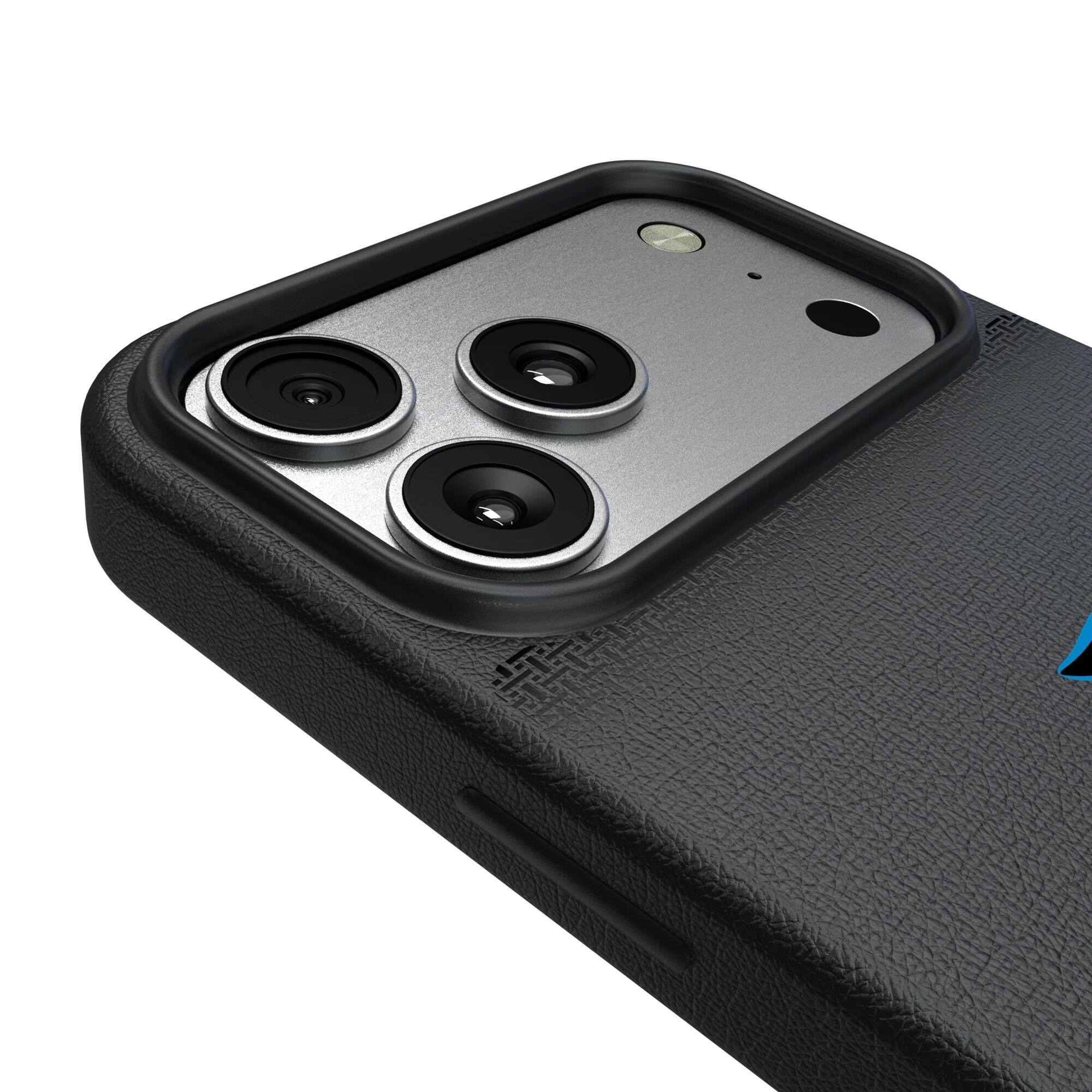 Alt View 2. Keyscaper - Carolina Panthers Linen Logo iPhone Magnetic Bump Case - 15 Pro Max - Black.