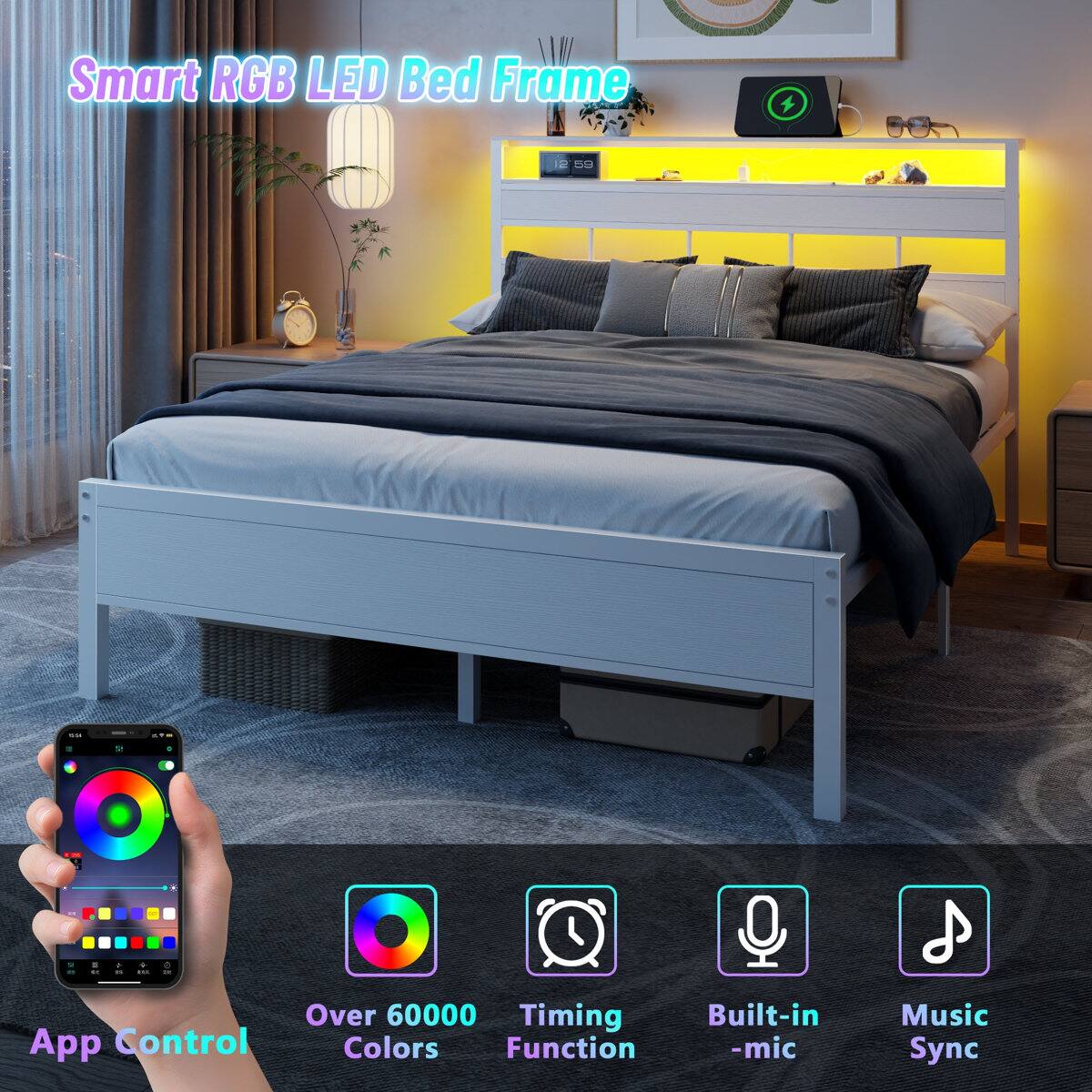 Smart RGB LED Bed Frame

- Over 60000 Colors
- Timing Function
- Built-in Mic
- Music Sync
- App Control