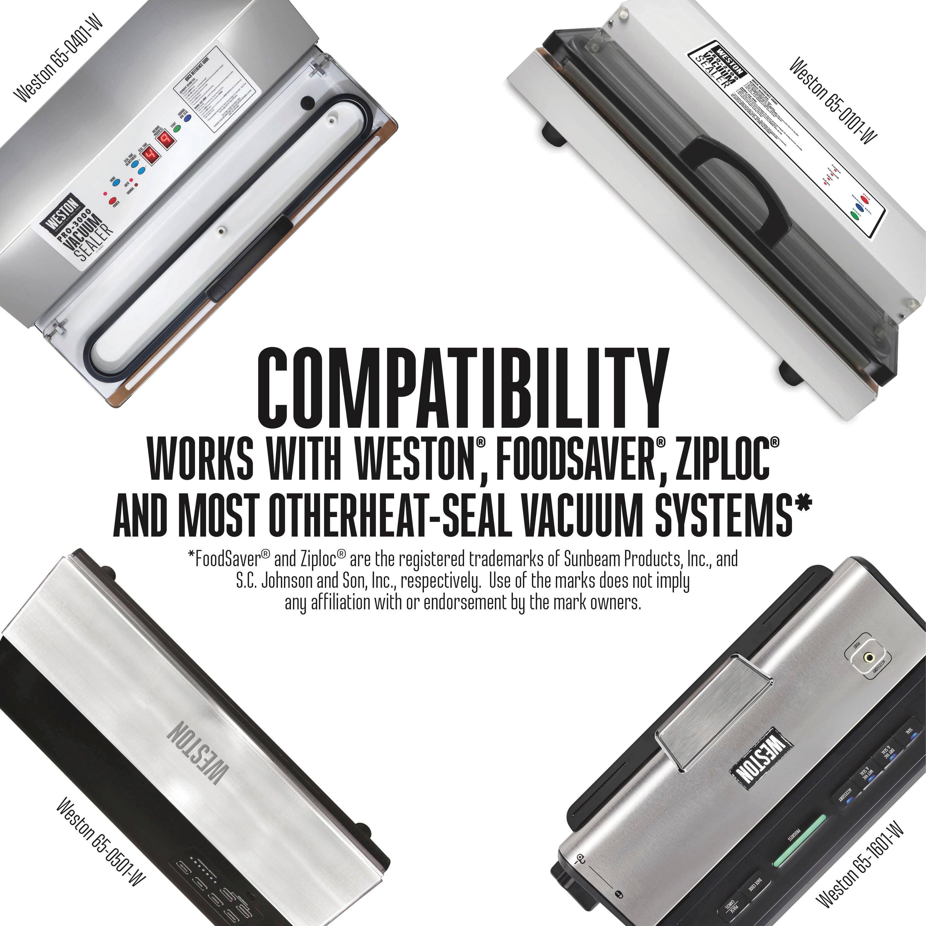 **COMPATIBILITY**  
WORKS WITH WESTON®, FOODSAVER®, ZIPLOC® AND MOST OTHER HEAT-SEAL VACUUM SYSTEMS*  
*FoodSaver® and Ziploc® are the registered trademarks of Sunbeam Products, Inc., and S.C. Johnson and Son, Inc., respectively. Use of the marks does not imply any affiliation with or endorsement by the mark owners.