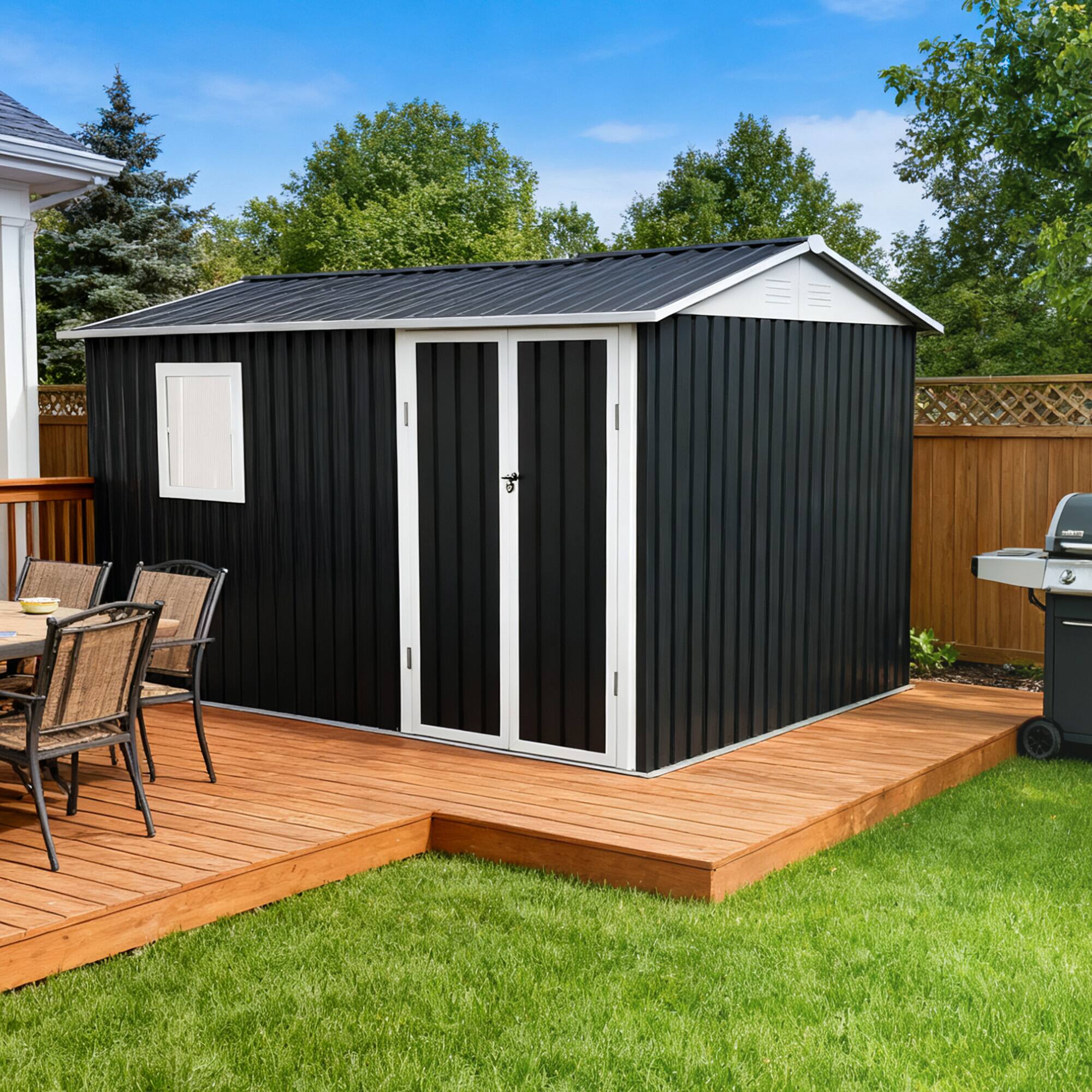 Angle. Anysun - 9x6 FT Metal Garden Shed for Patio, Backyard – Tool House Storage Shed with One Window, Galvanized Steel Construction - Grey.