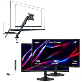 Acer - Nitro ED240Q FreeSync FHD Monitor, VESA Mount, HDMI w/DKZ Hub, (UM.UE0AA.H01)& ErgoFlexy Dual Monitor Mount (2Pack) - Black