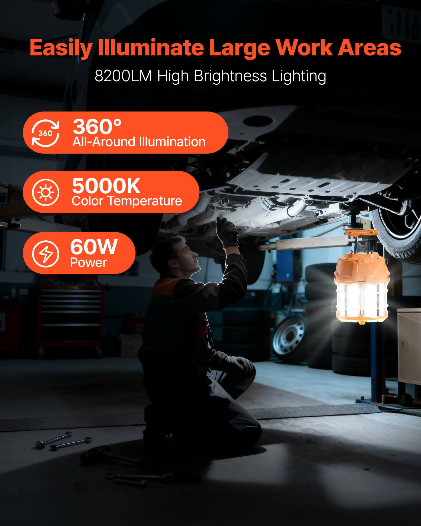 Easily Illuminate Large Work Areas  
8200LM High Brightness Lighting  
360° All-Around Illumination  
5000K Color Temperature  
60W Power