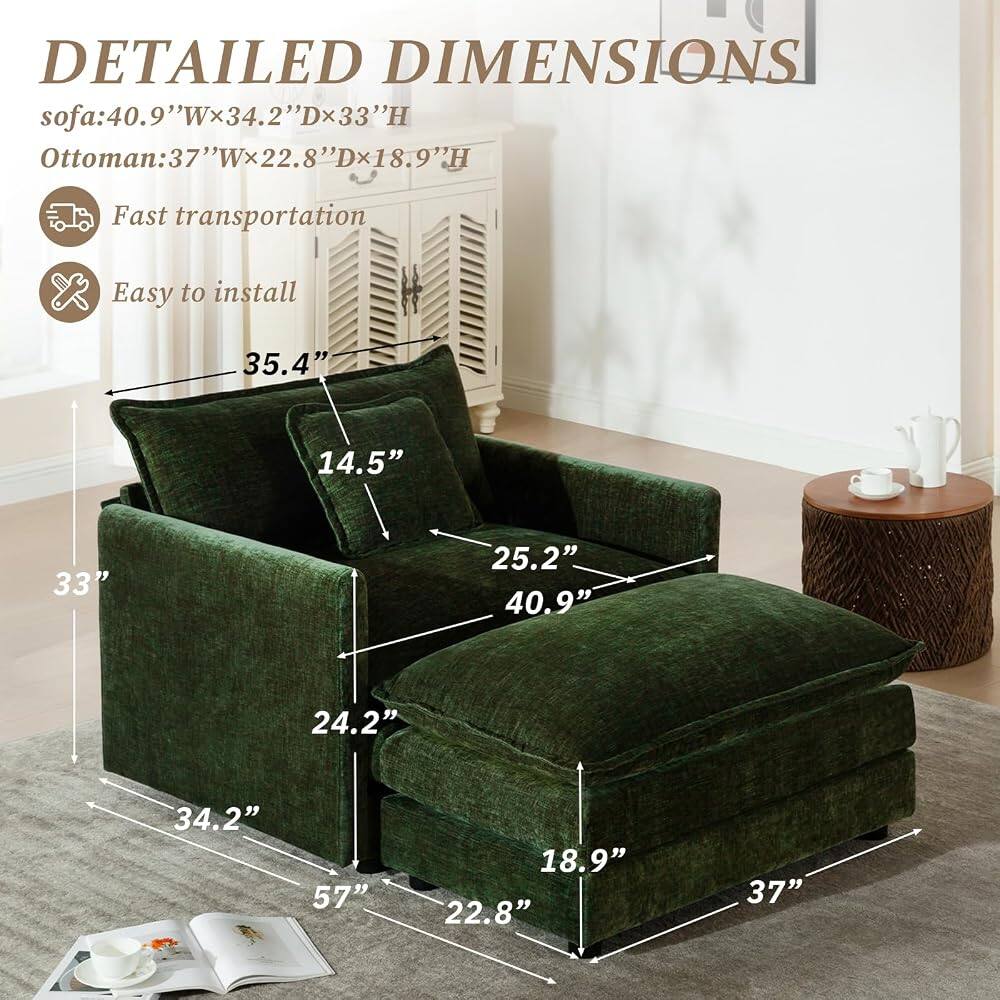 DETAILED DIMENSIONS  
sofa: 40.9"Wx34.2"Dx33"H  
Ottoman: 37"Wx22.8"Dx18.9"H  

Fast transportation  
Easy to install  

35.4"  
14.5"  
33"  
25.2"  
40.9"  
24.2"  
34.2"  
57"  
18.9"  
22.8"  
37"