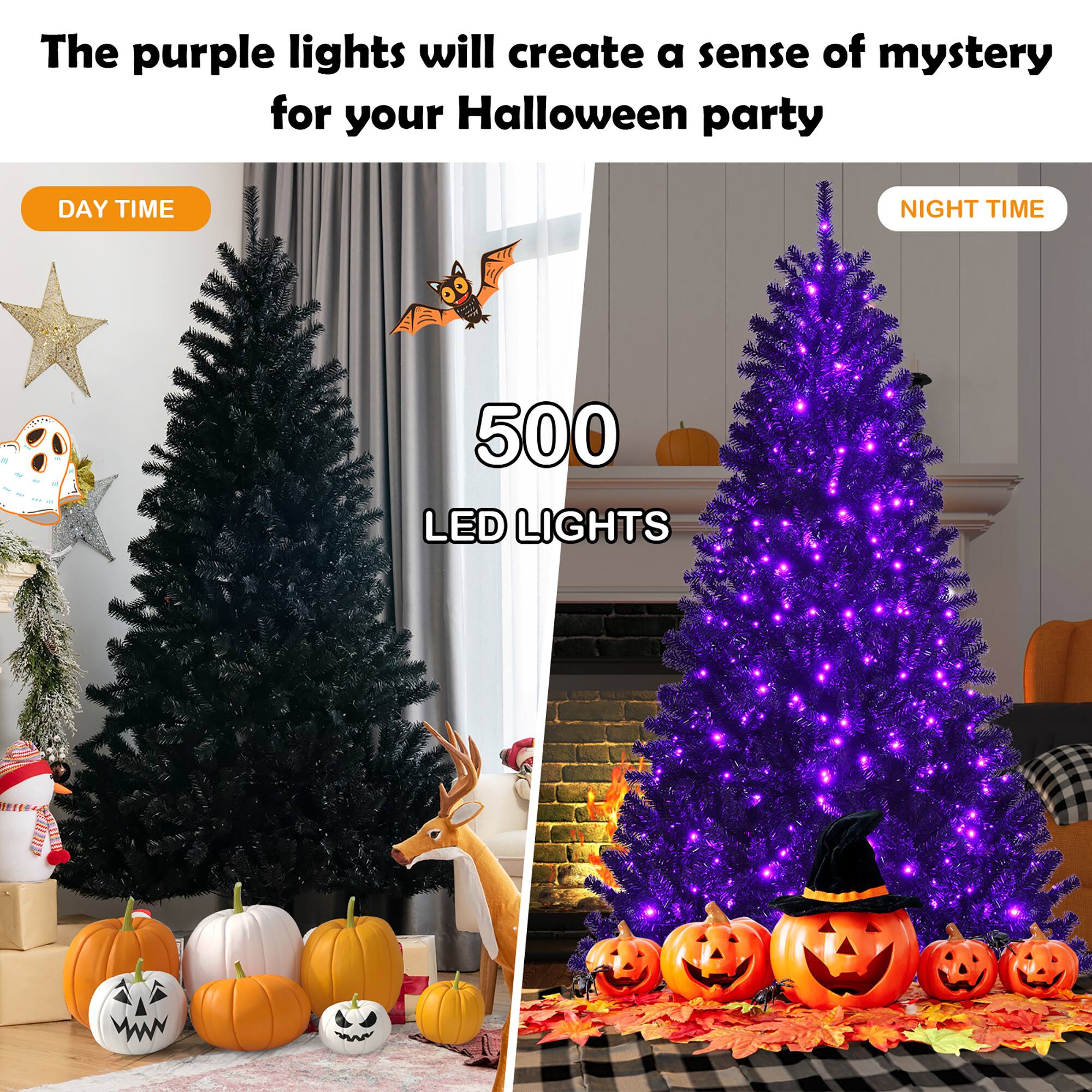 The purple lights will create a sense of mystery for your Halloween party. The image shows two different types of purple Christmas trees with 500 LED lights, one of which is lit up at night.