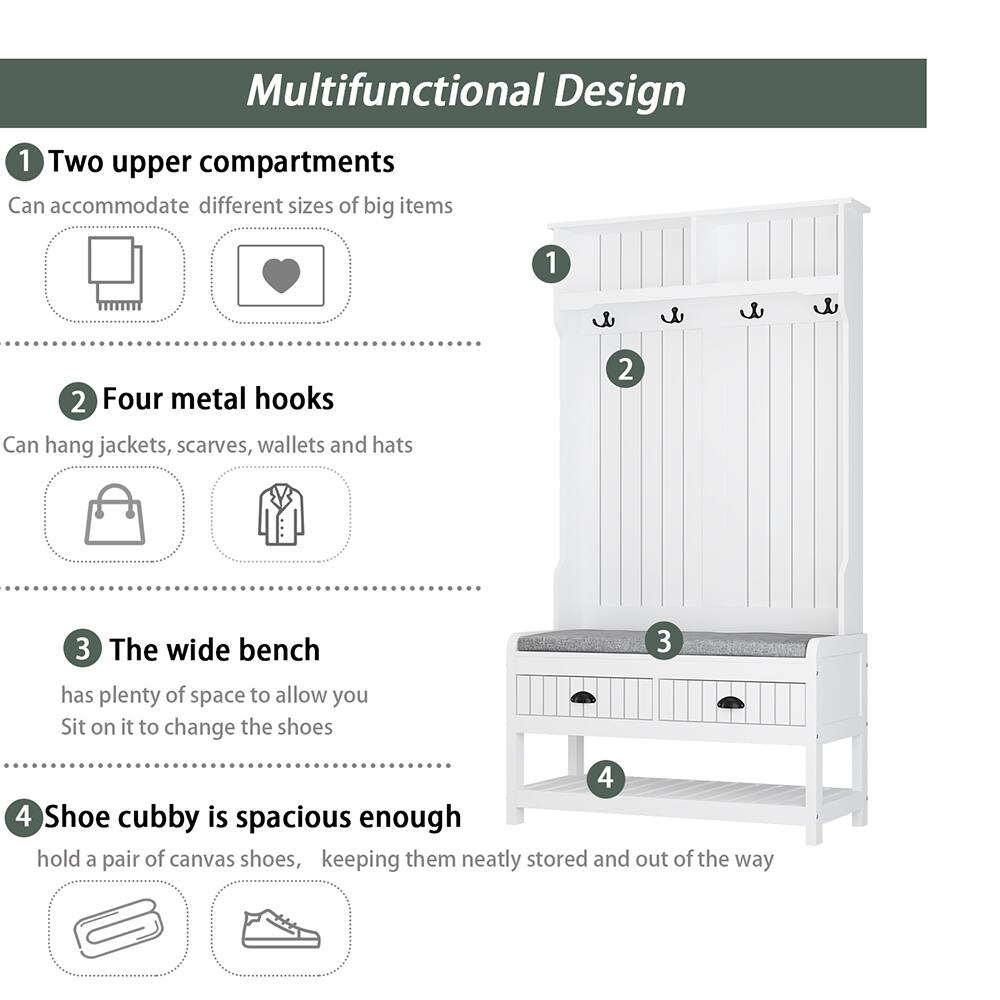 Multifunctional Design

1. Two upper compartments  
   Can accommodate different sizes of big items

2. Four metal hooks  
   Can hang jackets, scarves, wallets and hats

3. The wide bench  
   has plenty of space to allow you Sit on it to change the shoes

4. Shoe cubby is spacious enough  
   hold a pair of canvas shoes, keeping them neatly stored and out of the way
