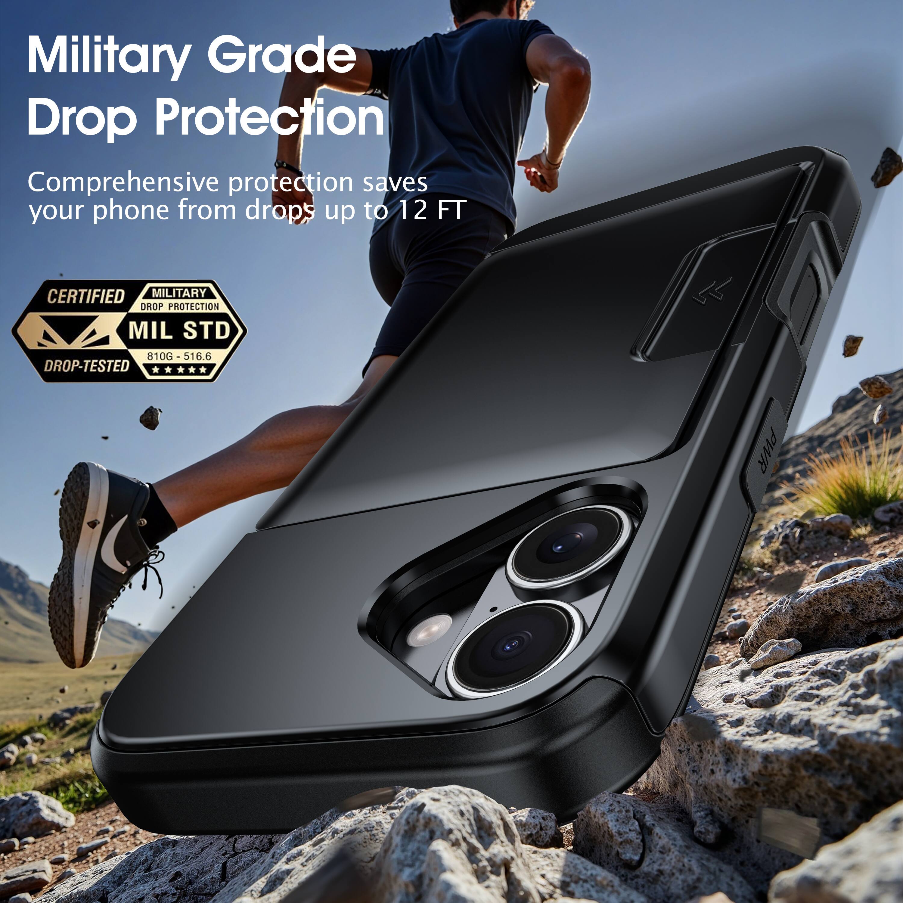 Military Grade Drop Protection  
Comprehensive protection saves your phone from drops up to 12 FT  

CERTIFIED MILITARY DROP PROTECTION  
MIL STD 810G-516.6 DROP-TESTED