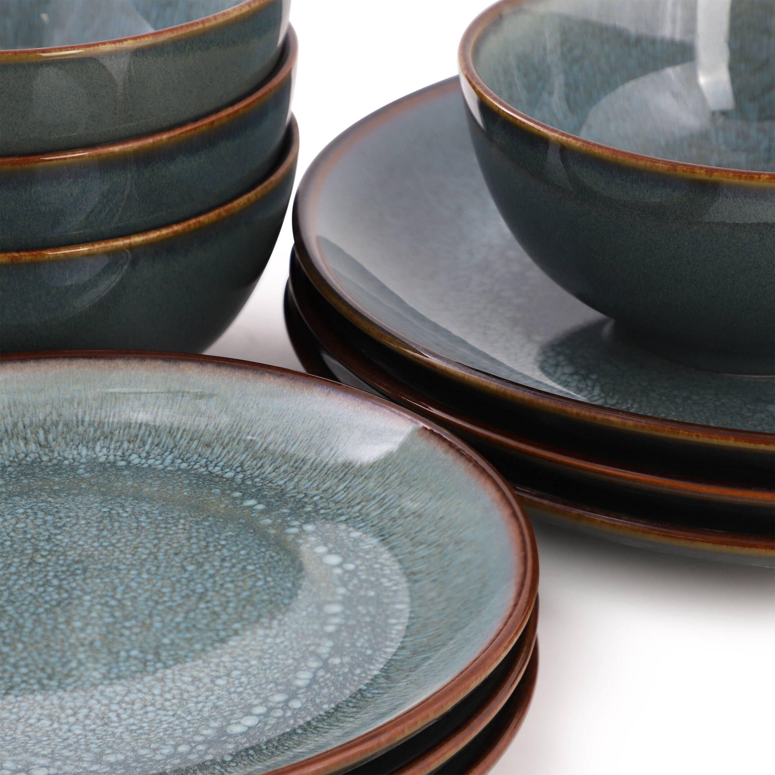 Alt View 2. Elama - Elama Betty 18 Piece Stoneware Dinnerware Set in Blue with Brown Rim, Service for 6 - Blue.
