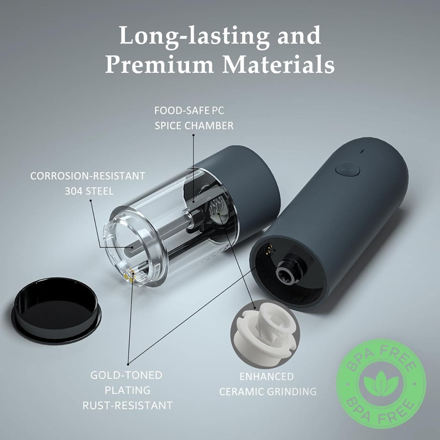 Long-lasting and Premium Materials

- FOOD-SAFE PC SPICE CHAMBER
- CORROSION-RESISTANT 304 STEEL
- GOLD-TONED PLATING RUST-RESISTANT
- ENHANCED CERAMIC GRINDING
- BPA FREE