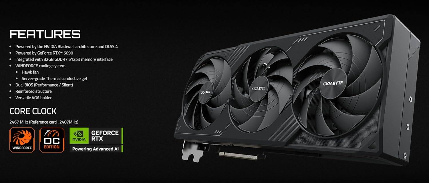 FEATURES

- Powered by the NVIDIA Blackwell architecture and DLSS 4
- Powered by GeForce RTX 5090
- Integrated with 32GB GDDR7 512bit memory interface
- WINDFORCE cooling system
  - Hawk fan
  - Server-grade Thermal conductive gel
- Dual BIOS (Performance / Silent)
- Reinforced structure
- Versatile VGA holder

CORE CLOCK
2467 MHz (Reference card 2407MHz)

WINDFORCE OC EDITION

GIGABYTE

GEFORCE RTX
Powering Advanced AI