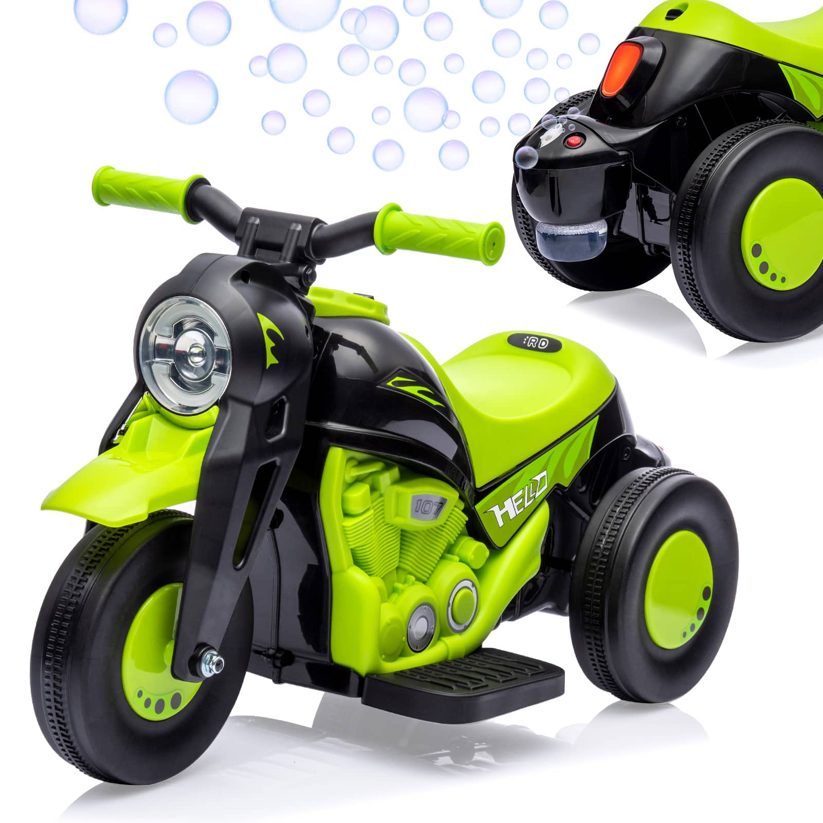Maxxis Merch - Green Ride On Motorcycle, 6V Toddler Motorcycle with Bubble Maker, LED Light, Music, Gift for Boys Girls - Avocado Green