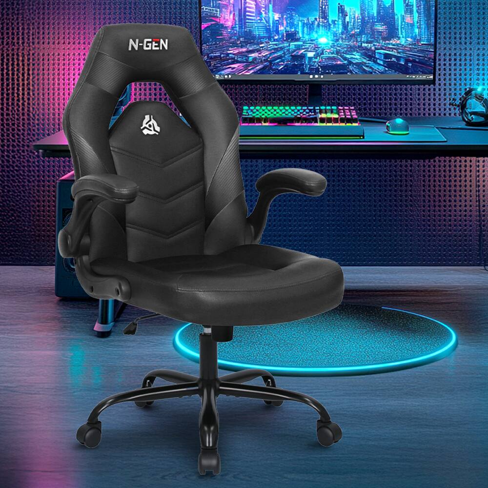 Angle. Celtoss - Gaming Chair, Ergonomic Office Computer Desk Chair with Lumbar Support, Flip-Up Arms, PU Leather, Swivel Wheels - Black.
