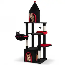 Gymax - 63'' Gothic Cat Tree w/ Condo Top Cave Sisal Scratching PostsBat Hanging Toy