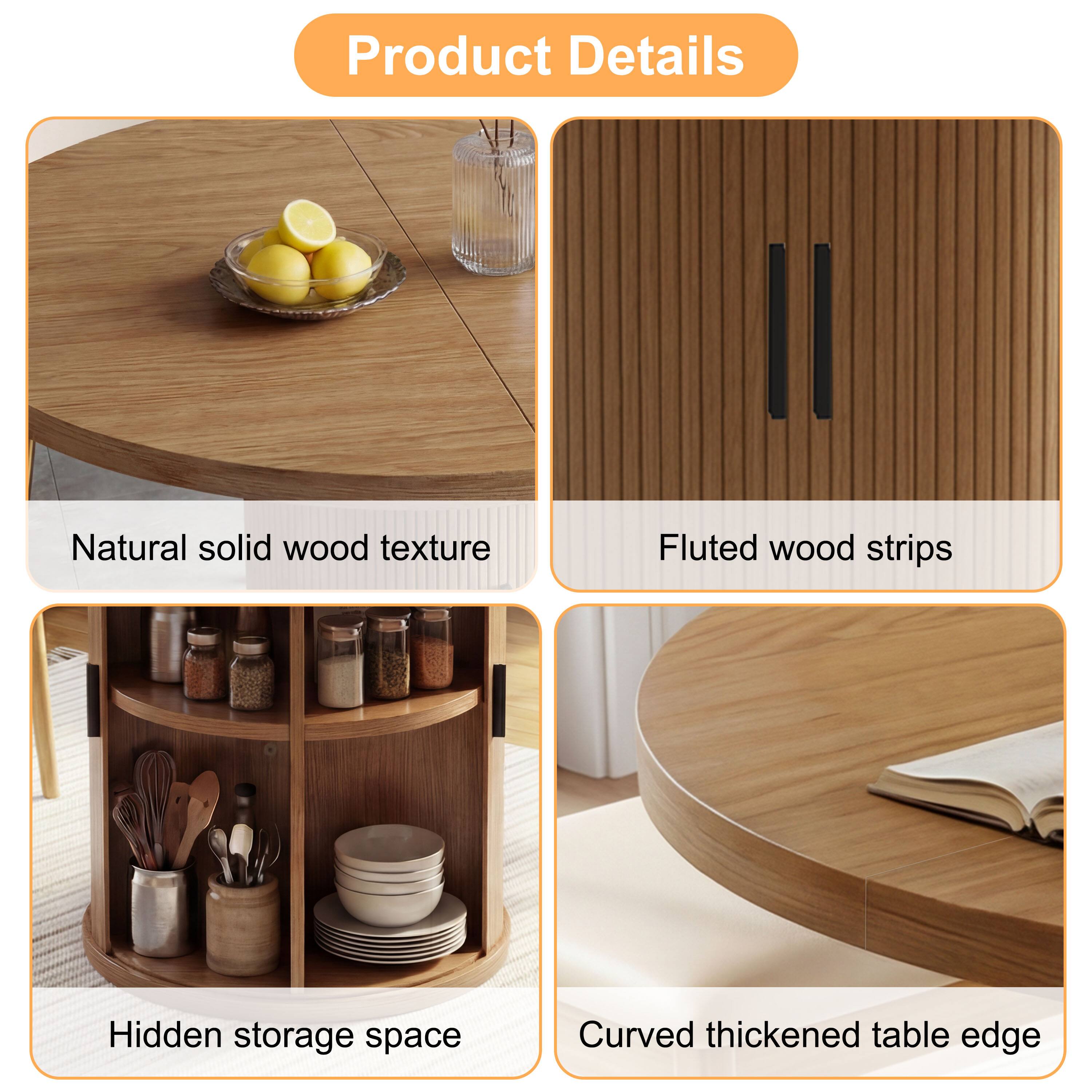 Product Details

- Natural solid wood texture
- Fluted wood strips
- Hidden storage space
- Curved thickened table edge