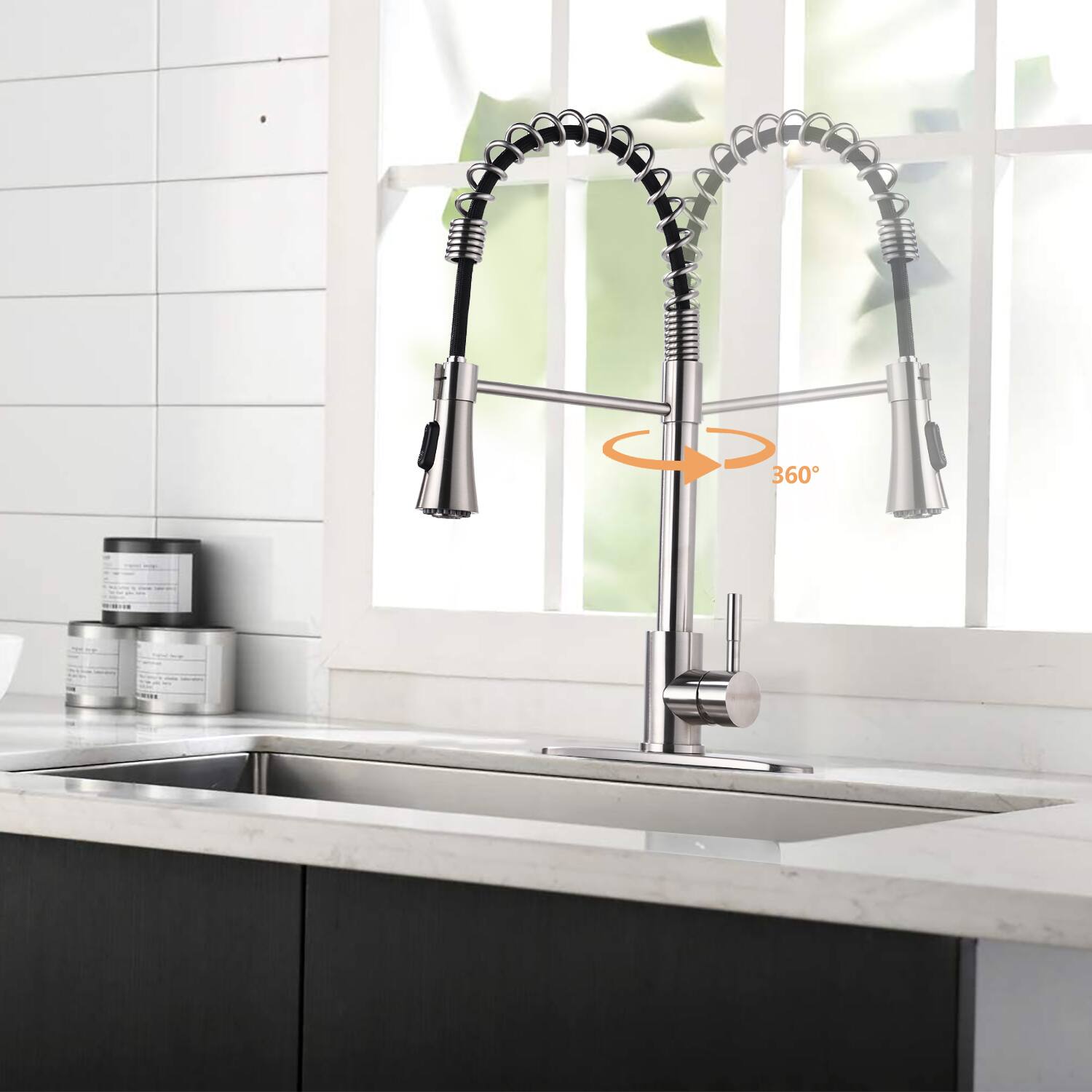 Left. Siljoy - Commercial Kitchen Sink Faucet with Deck Plate Brushed Nickel - Brushed Nickel.
