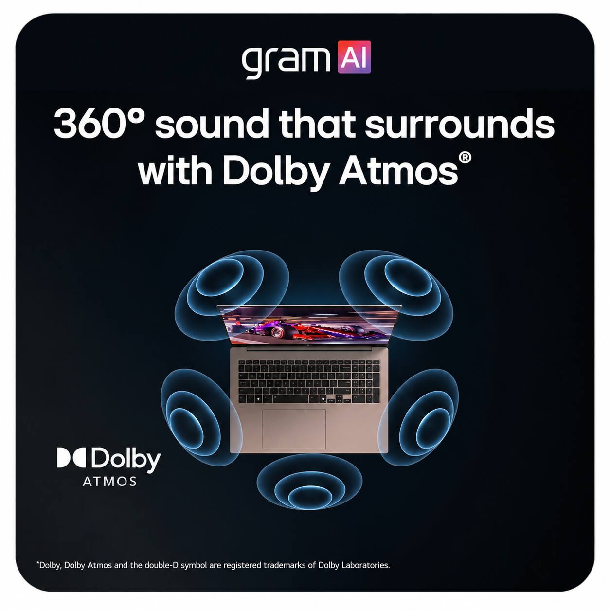 gram AI  
360° sound that surrounds with Dolby Atmos  
Dolby ATMOS  
*Dolby, Dolby Atmos and the double-D symbol are registered trademarks of Dolby Laboratories.