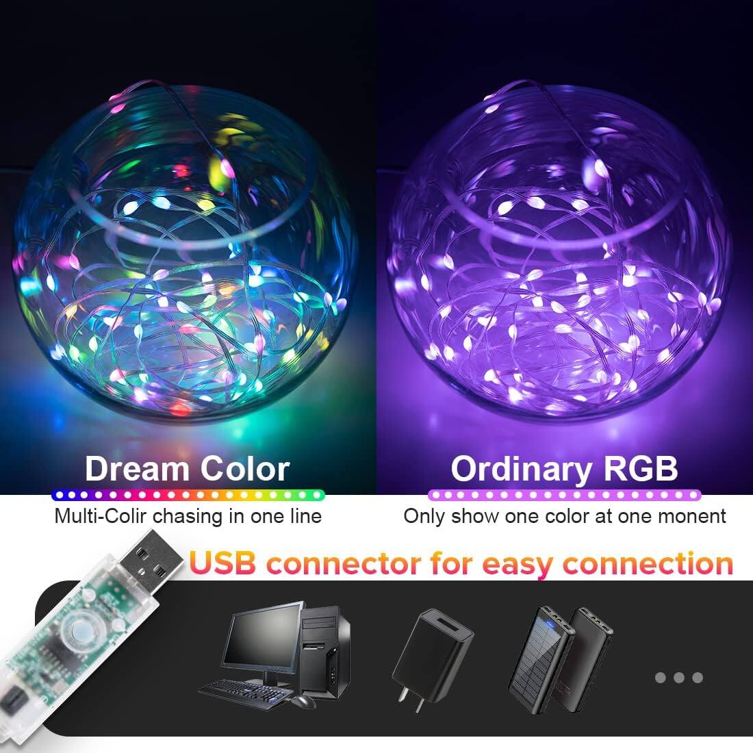 Dream Color  
Multi-Color chasing in one line  

Ordinary RGB  
Only show one color at one moment  

USB connector for easy connection