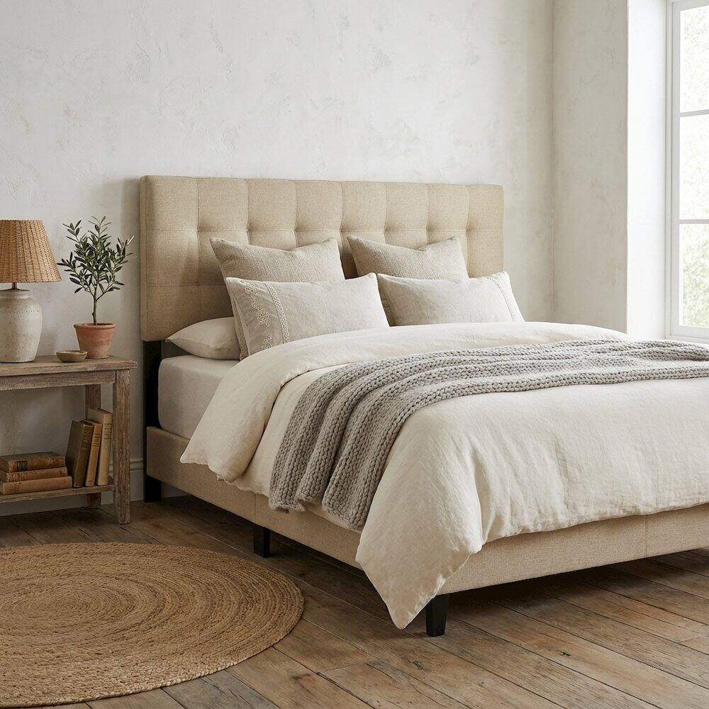 Angle. FurniFact - Upholstered Fabric Full Headboard with Padded Design for Comfortable Support - Beige.
