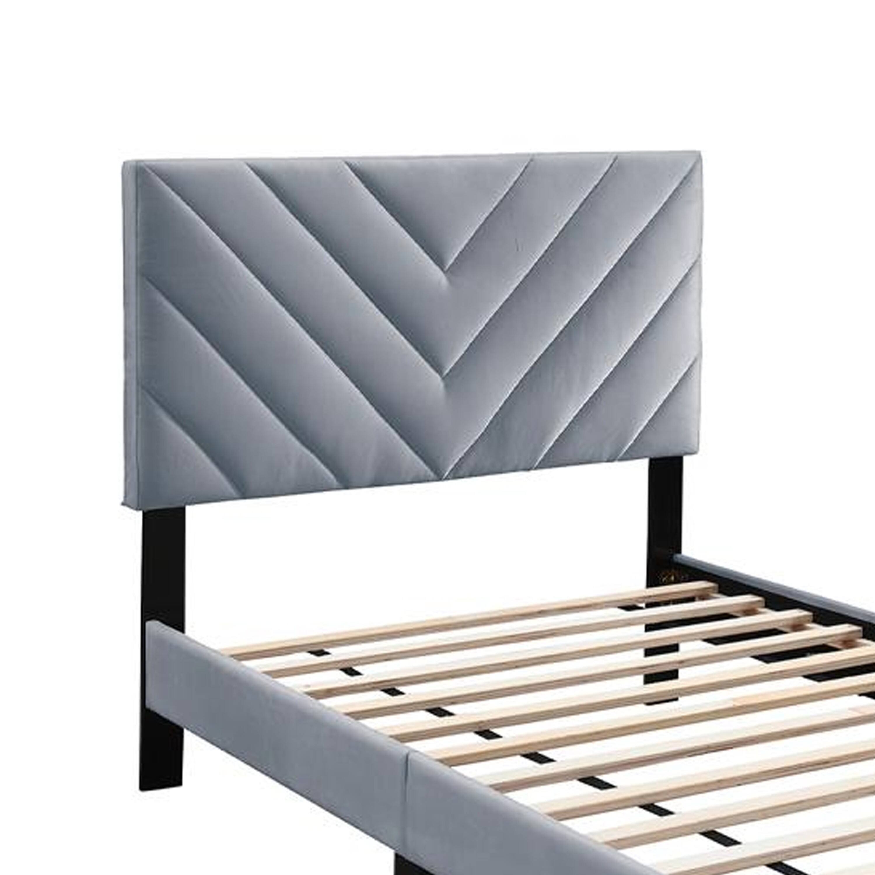 Alt View 2. Manhattan Lane - Lilian Full Size Bed, Tufted Gray Velvet Upholstery, Chevron Stitch - Gray, Black.