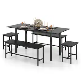 Gymax - 5 PCS Dining Table Set for 4-6 w/ 2 Benches & 2 Stools Metal Frame Dining Room - Black