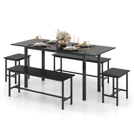 Front. Gymax - Gymax 5 PCS Dining Table Set for 4-6 w/ 2 Benches & 2 Stools Metal Frame Dining Room Black - Black.