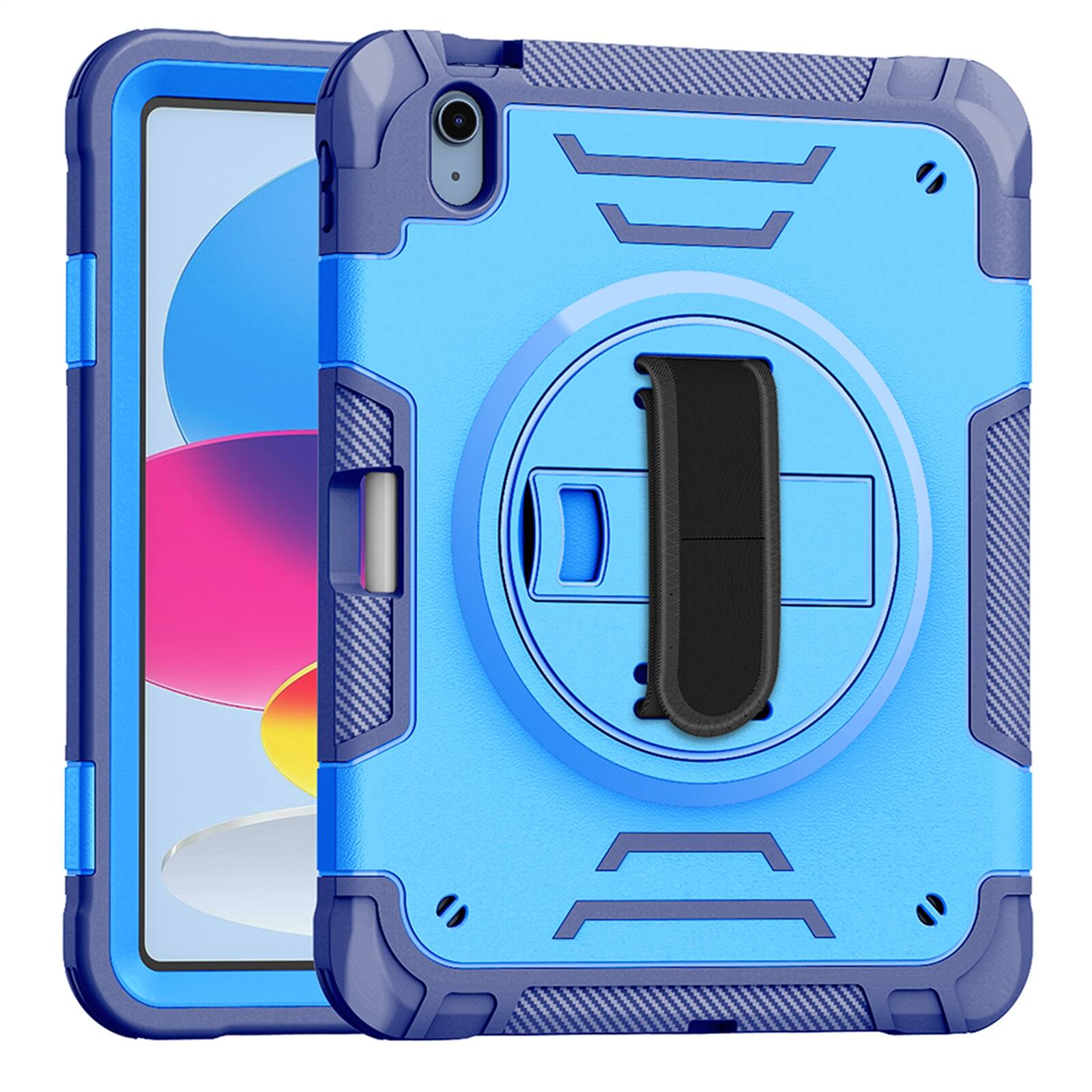 Angle. Dteck - Shockproof Case for Apple iPad (10th Generation) 10.9" 2022 with Shoulder Hand Strap, Rugged Cover with Rotating Stand - Blue.