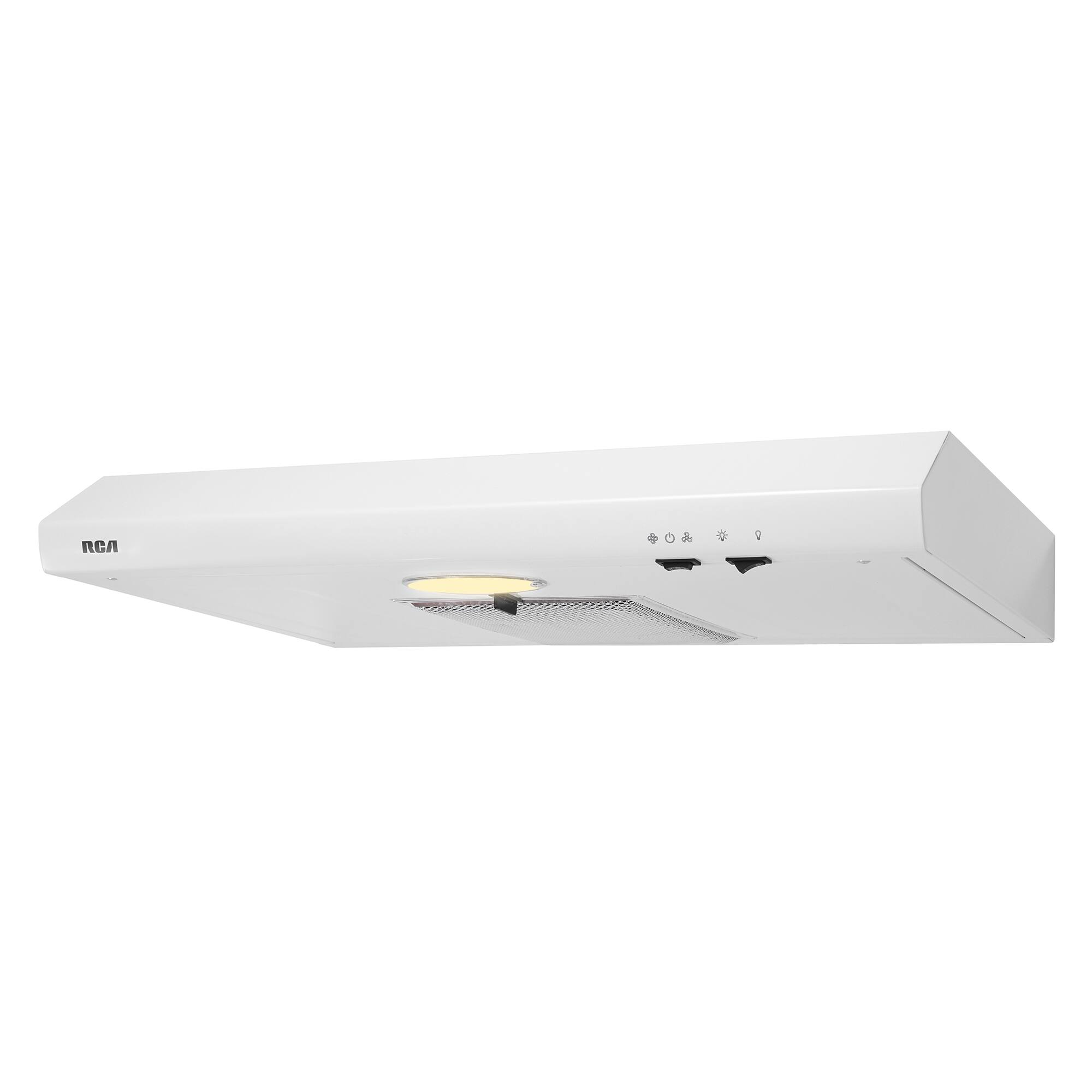 Left. RCA - R-RHUCC30SWH 30 in. Century Collection Ductless 160 CFM Under Cabinet Range Hood, Reusable Filter, Light, White - White.